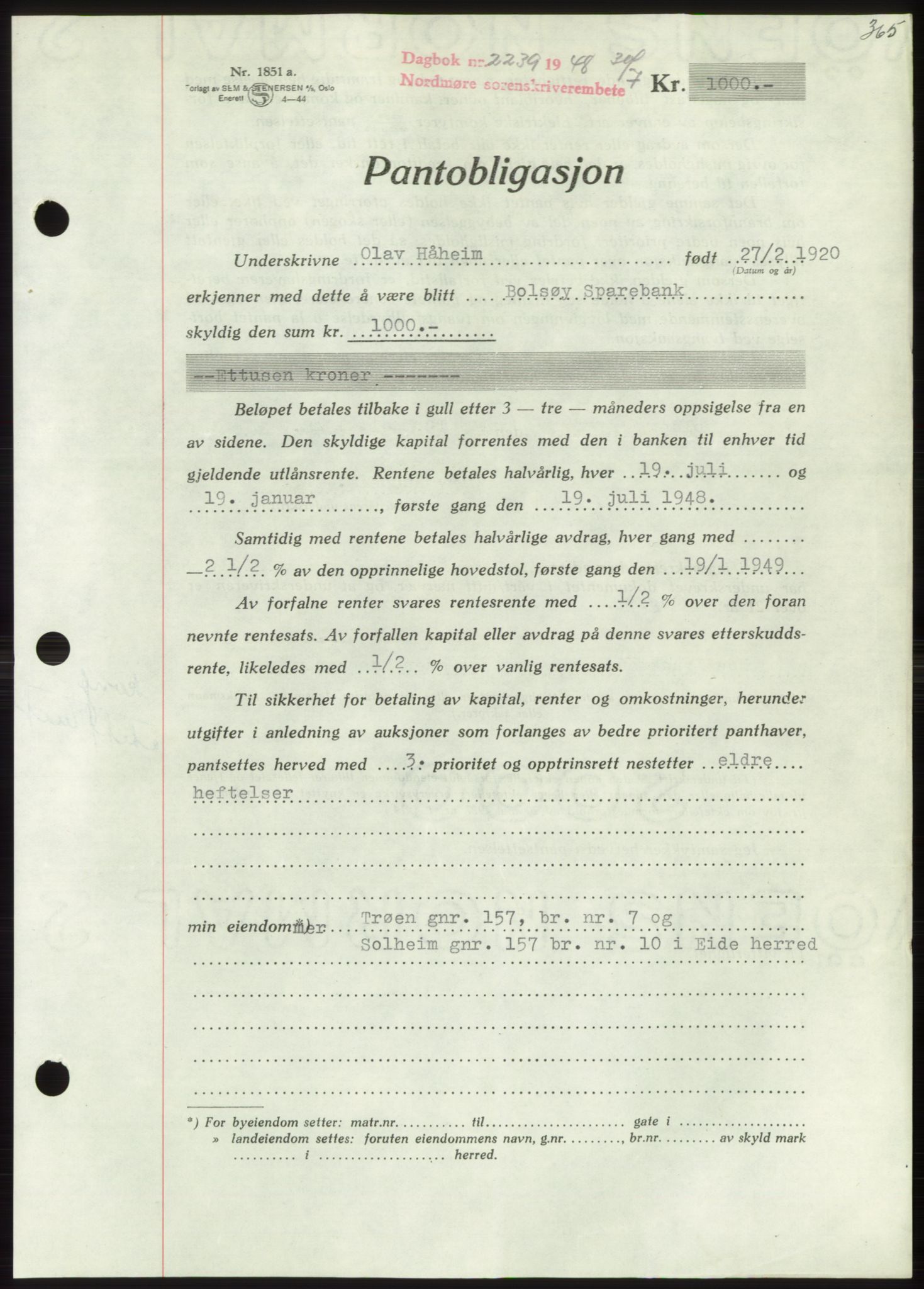 Nordmøre sorenskriveri, AV/SAT-A-4132/1/2/2Ca: Mortgage book no. B99, 1948-1948, Diary no: : 2239/1948