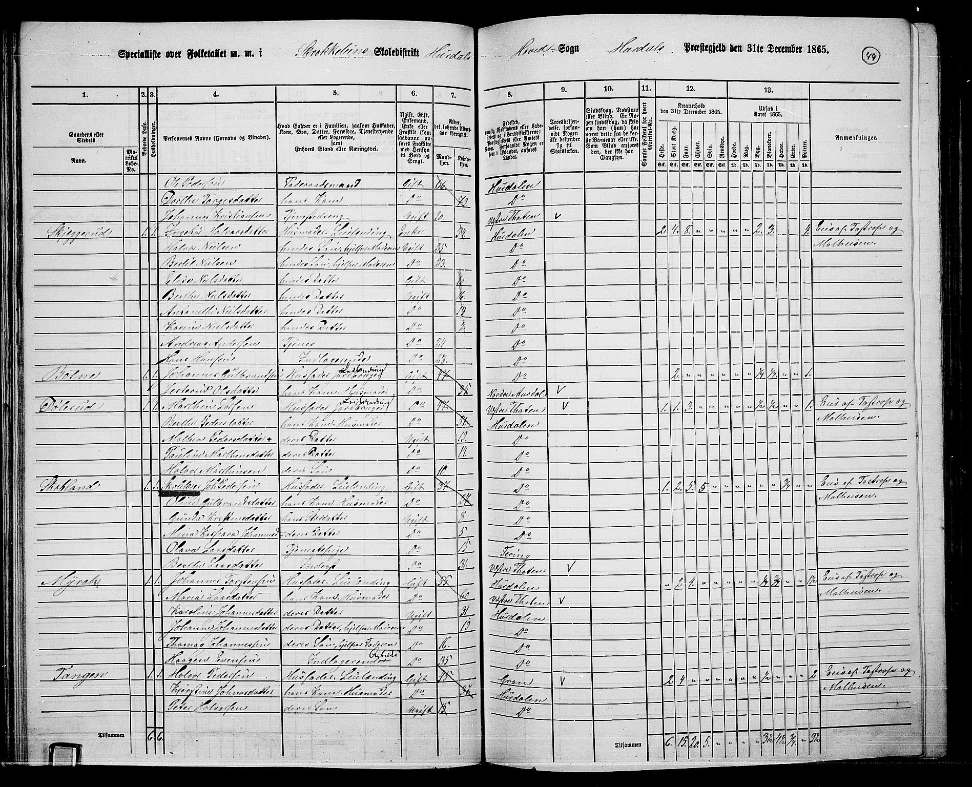 RA, 1865 census for Hurdal, 1865, p. 43