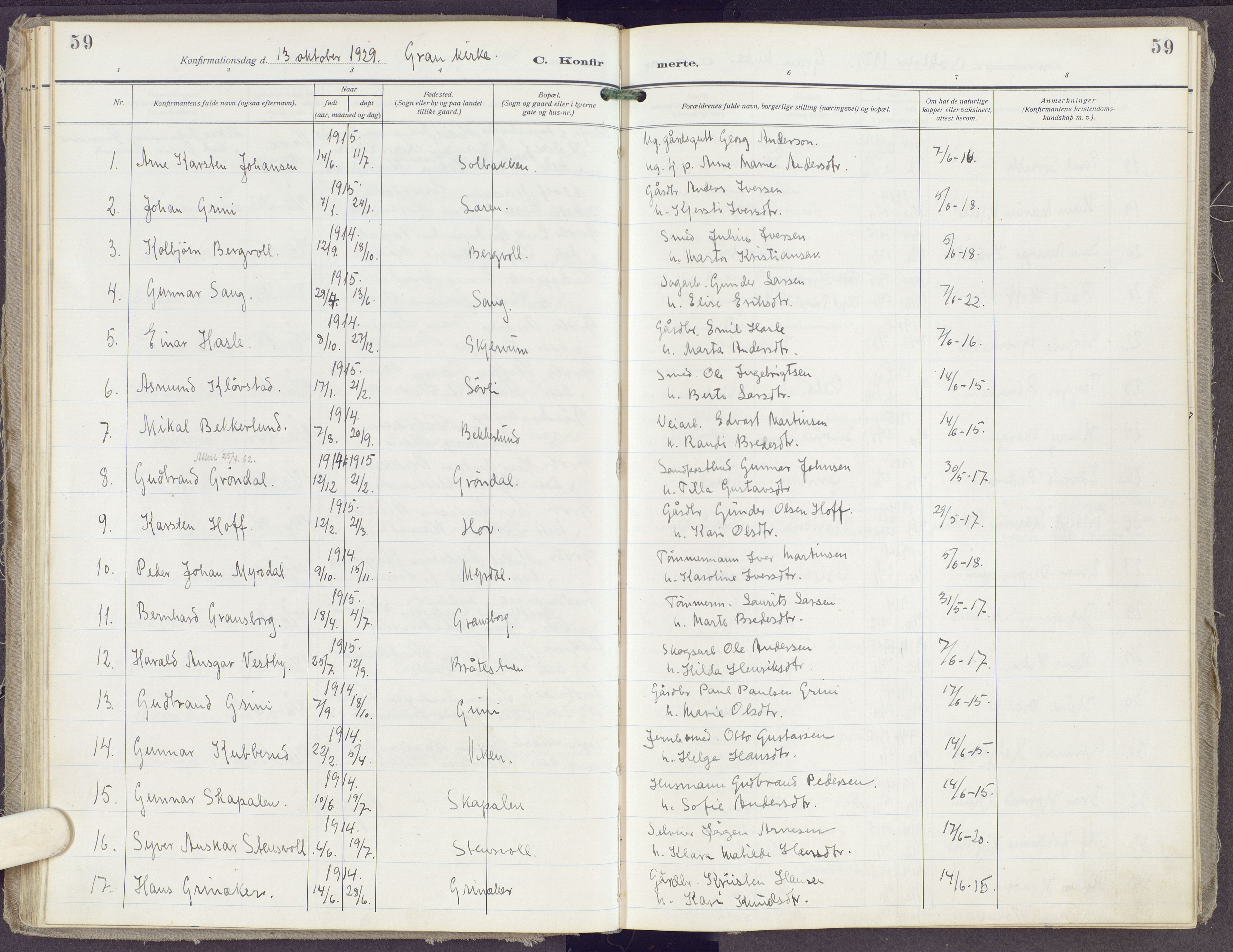 Gran prestekontor, SAH/PREST-112/H/Ha/Haa/L0023: Parish register (official) no. 23, 1919-1938, p. 59