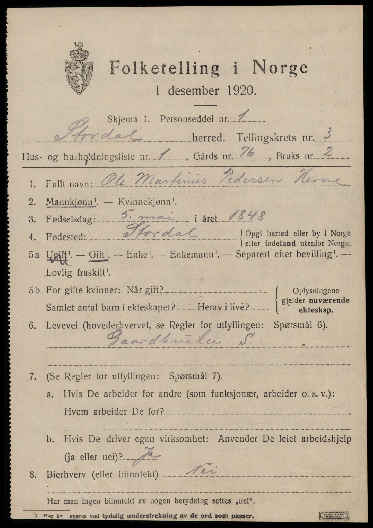 SAT, 1920 census for Stordal, 1920, p. 838