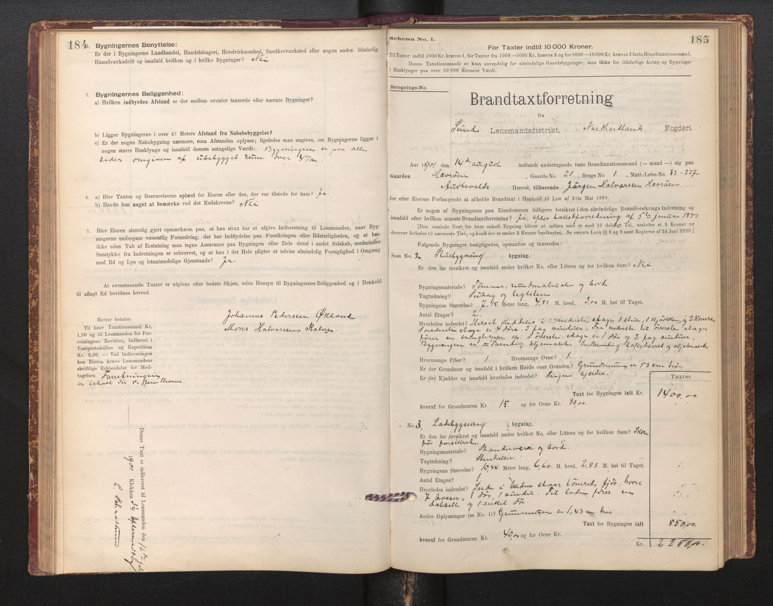 Lensmannen i Sund og Austevoll, AV/SAB-A-35201/0012/L0003: Branntakstprotokoll, skjematakst, 1894-1917, p. 184-185