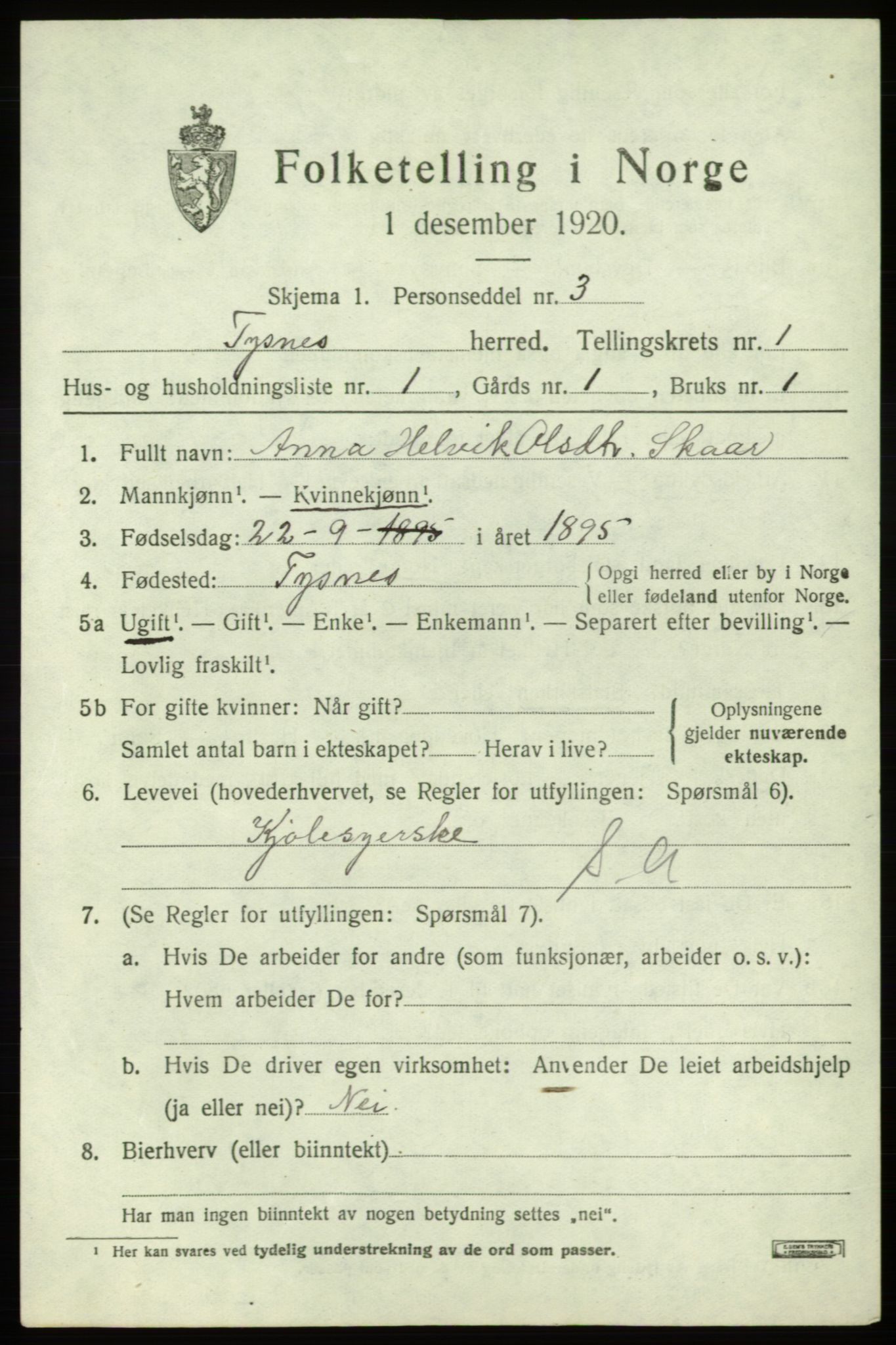 SAB, 1920 census for Tysnes, 1920, p. 1650