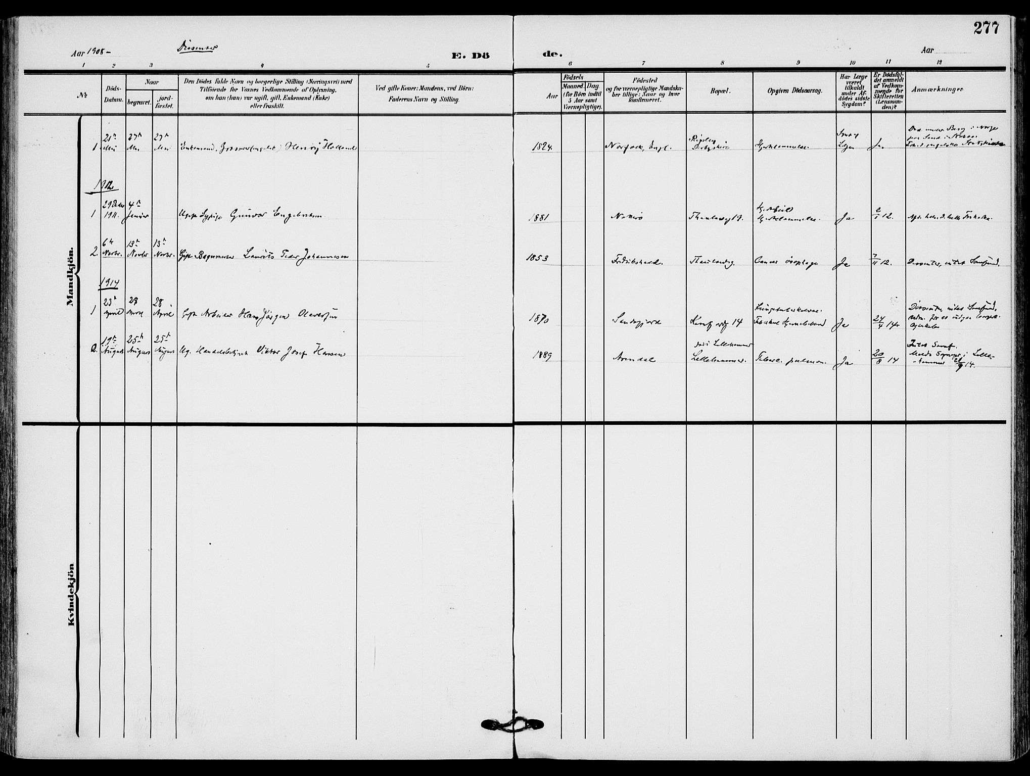 Sandefjord kirkebøker, AV/SAKO-A-315/F/Fa/L0005: Parish register (official) no. 5, 1906-1915, p. 277