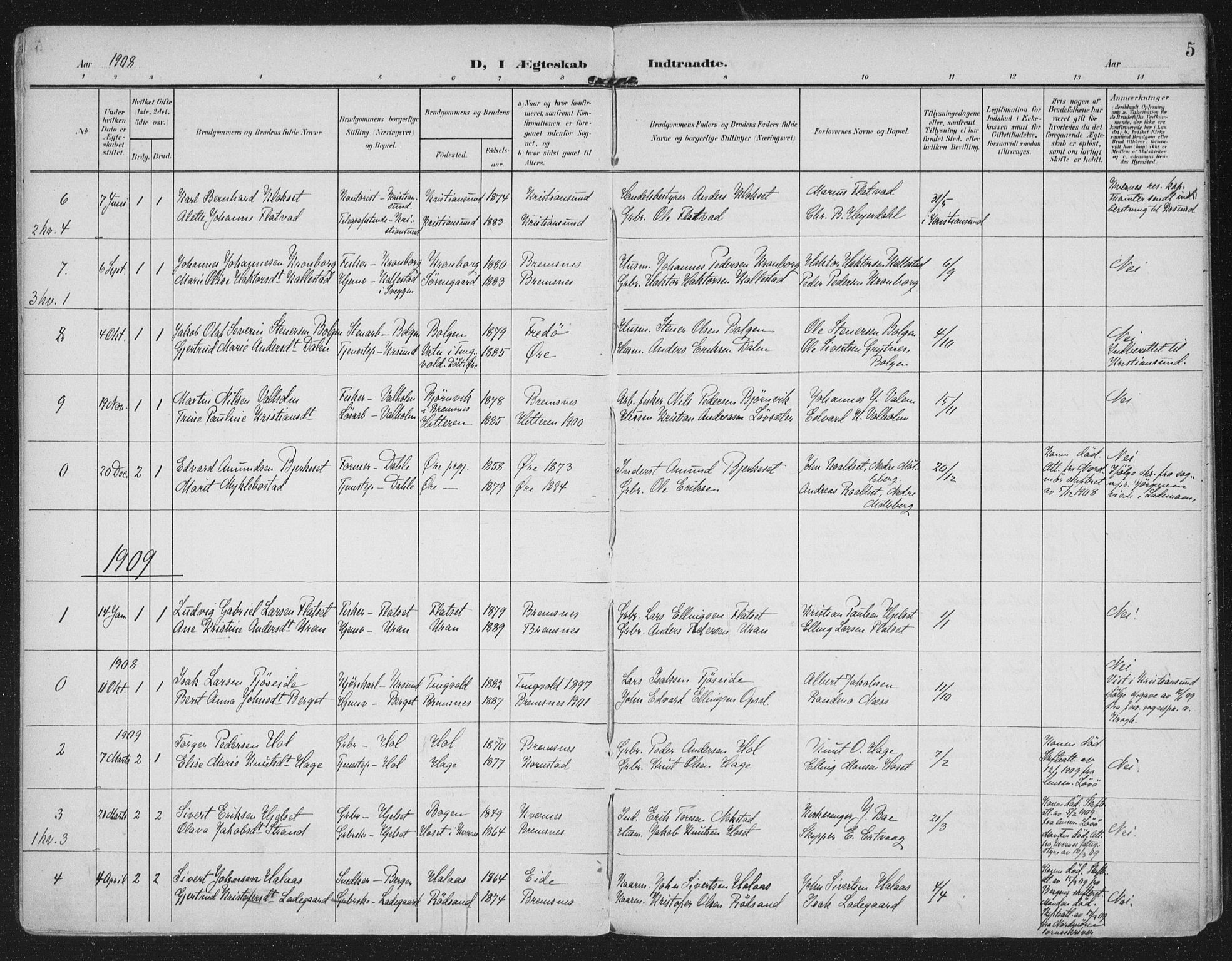 Ministerialprotokoller, klokkerbøker og fødselsregistre - Møre og Romsdal, AV/SAT-A-1454/569/L0822: Parish register (official) no. 569A08, 1908-1919, p. 5