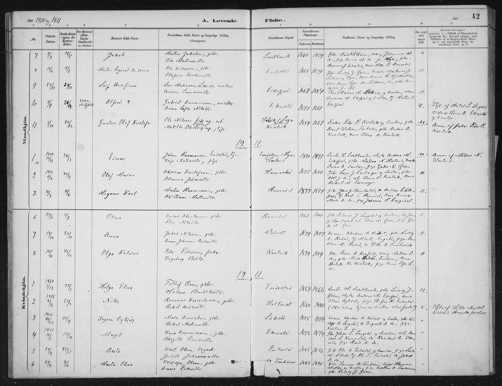 Kinn sokneprestembete, AV/SAB-A-80801/H/Haa/Haae/L0001: Parish register (official) no. E 1, 1890-1916, p. 42