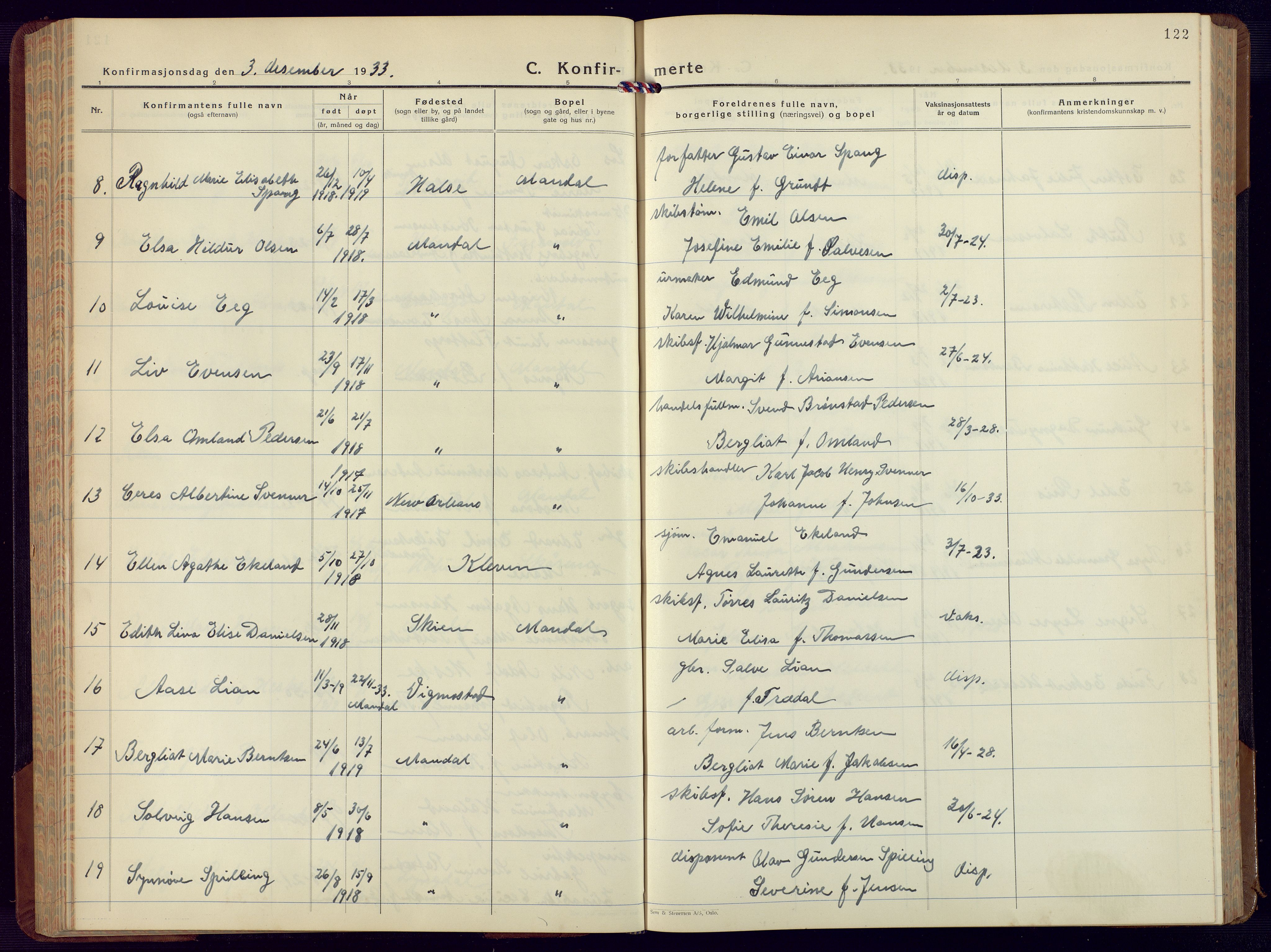 Mandal sokneprestkontor, AV/SAK-1111-0030/F/Fb/Fbc/L0002: Parish register (copy) no. B 2, 1931-1949, p. 122