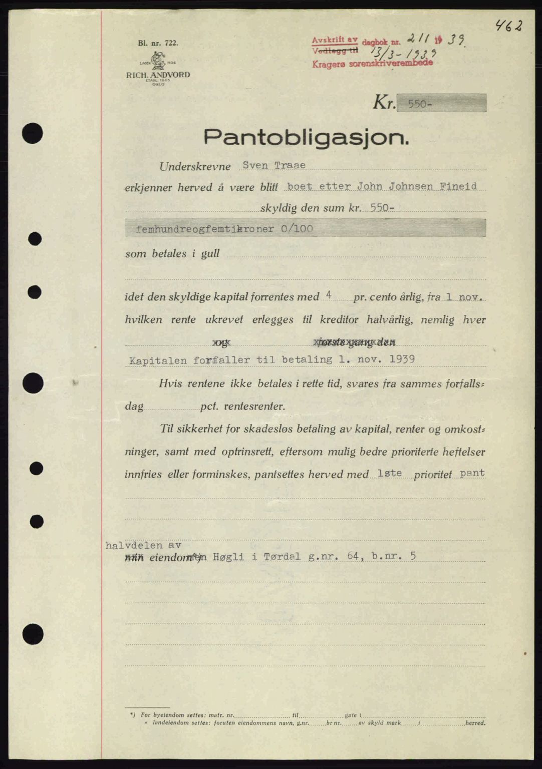 Kragerø sorenskriveri, AV/SAKO-A-65/G/Ga/Gab/L0050: Mortgage book no. 50, 1938-1939, Diary no: : 211/1939