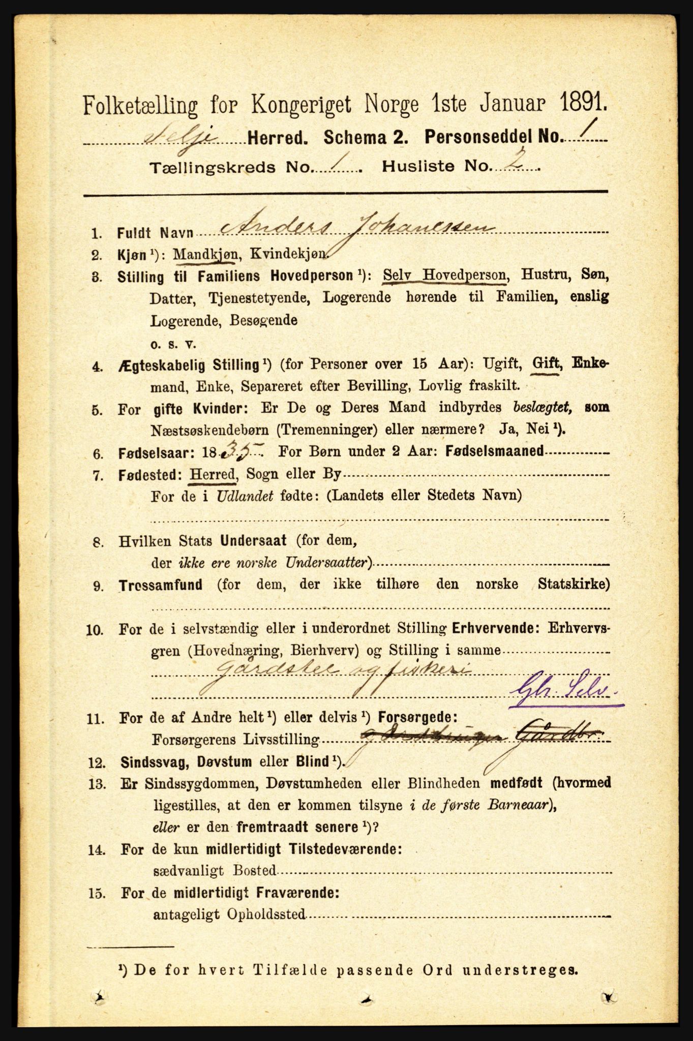 RA, 1891 census for 1441 Selje, 1891, p. 101