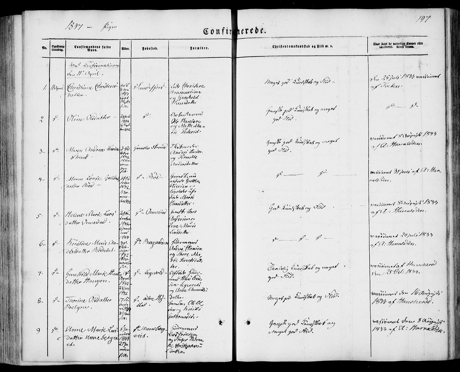 Sandar kirkebøker, SAKO/A-243/F/Fa/L0006: Parish register (official) no. 6, 1847-1860, p. 197