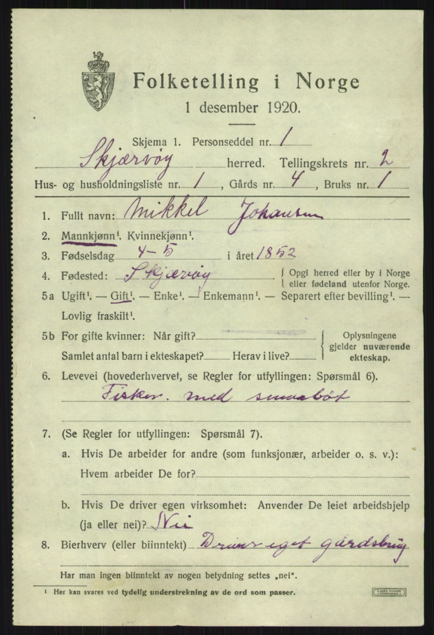 SATØ, 1920 census for Skjervøy, 1920, p. 1491