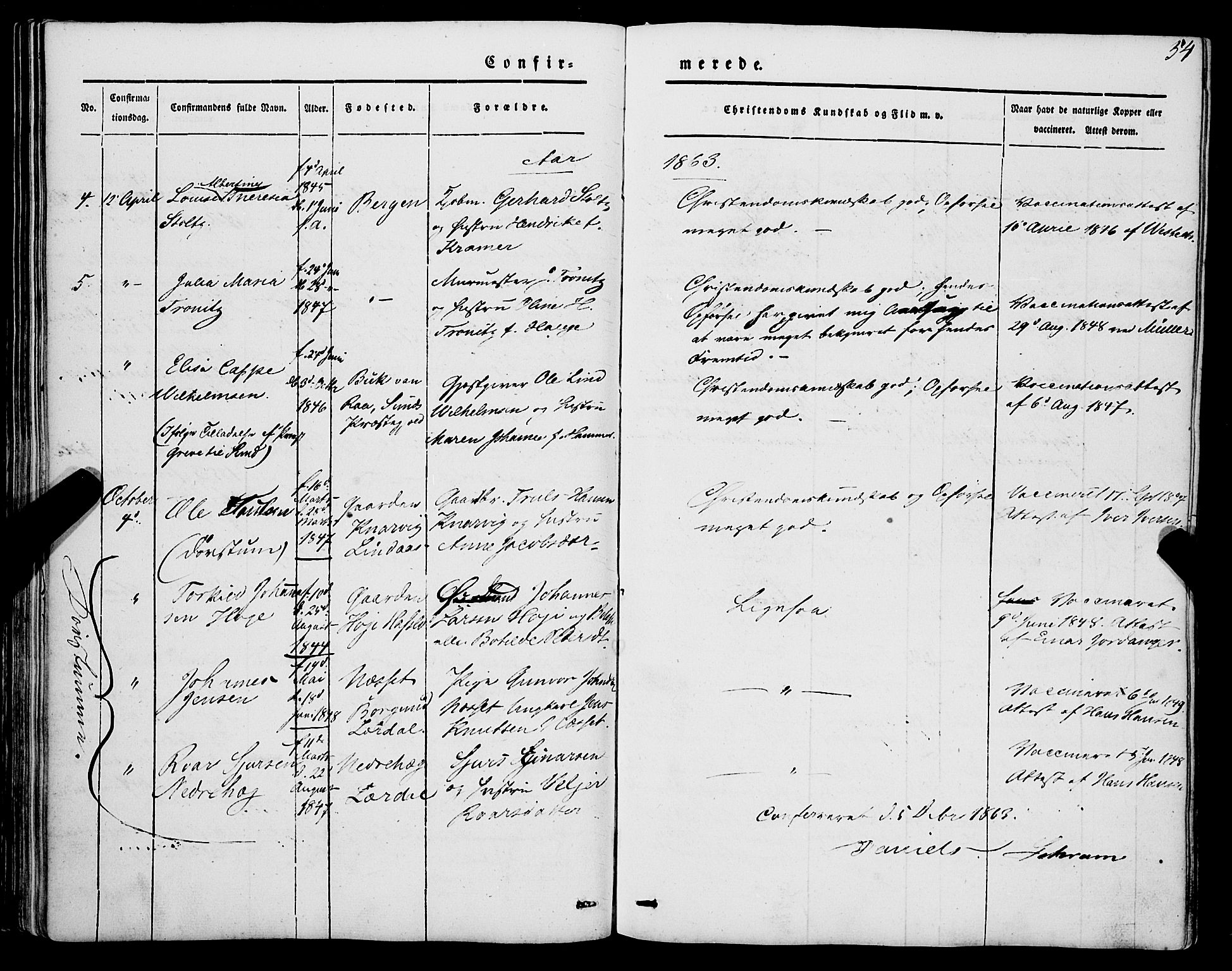 Mariakirken Sokneprestembete, AV/SAB-A-76901/H/Haa/L0006: Parish register (official) no. A 6, 1846-1877, p. 54