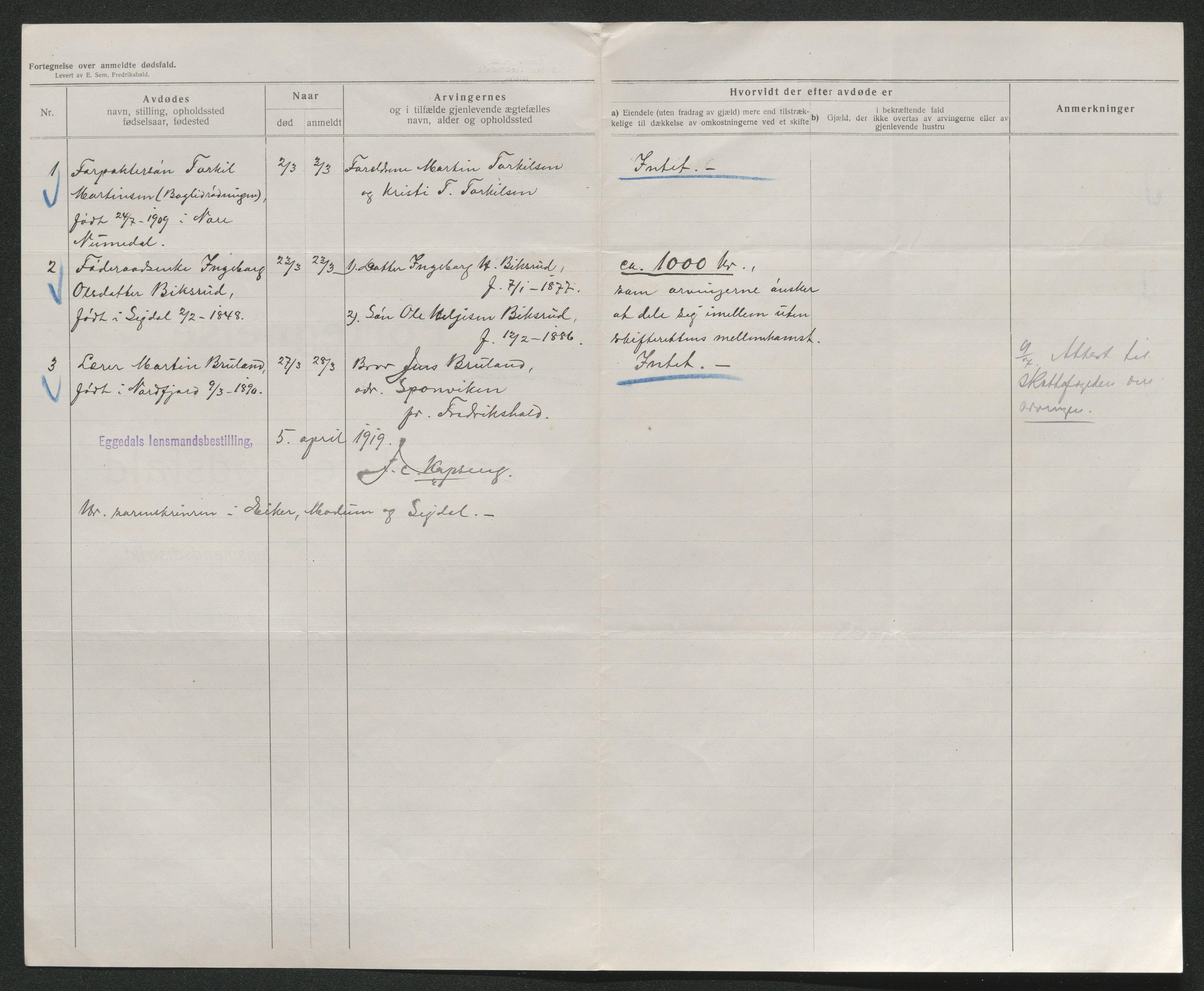 Eiker, Modum og Sigdal sorenskriveri, SAKO/A-123/H/Ha/Hab/L0039: Dødsfallsmeldinger, 1918-1919, p. 971