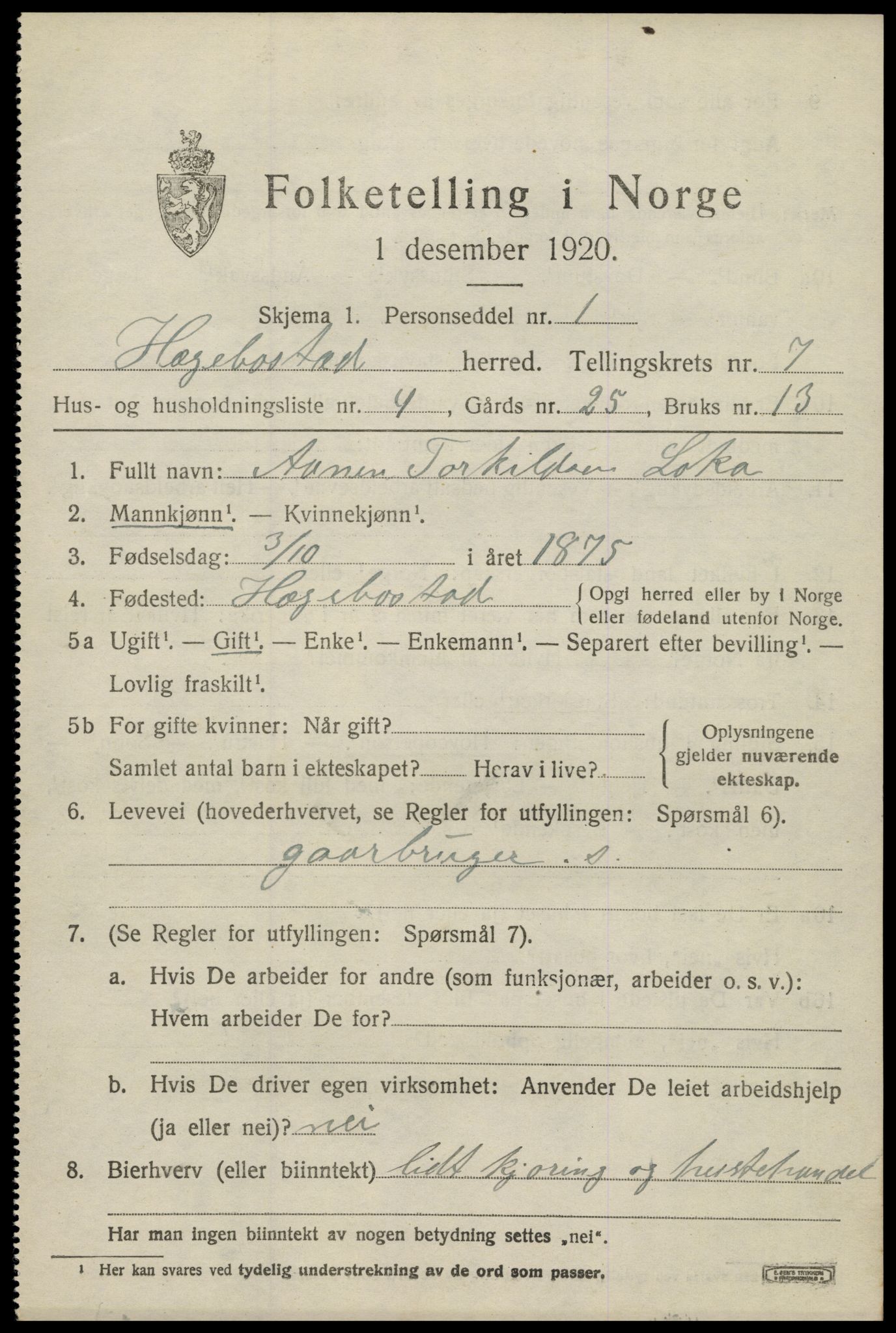 SAK, 1920 census for Hægebostad, 1920, p. 2129