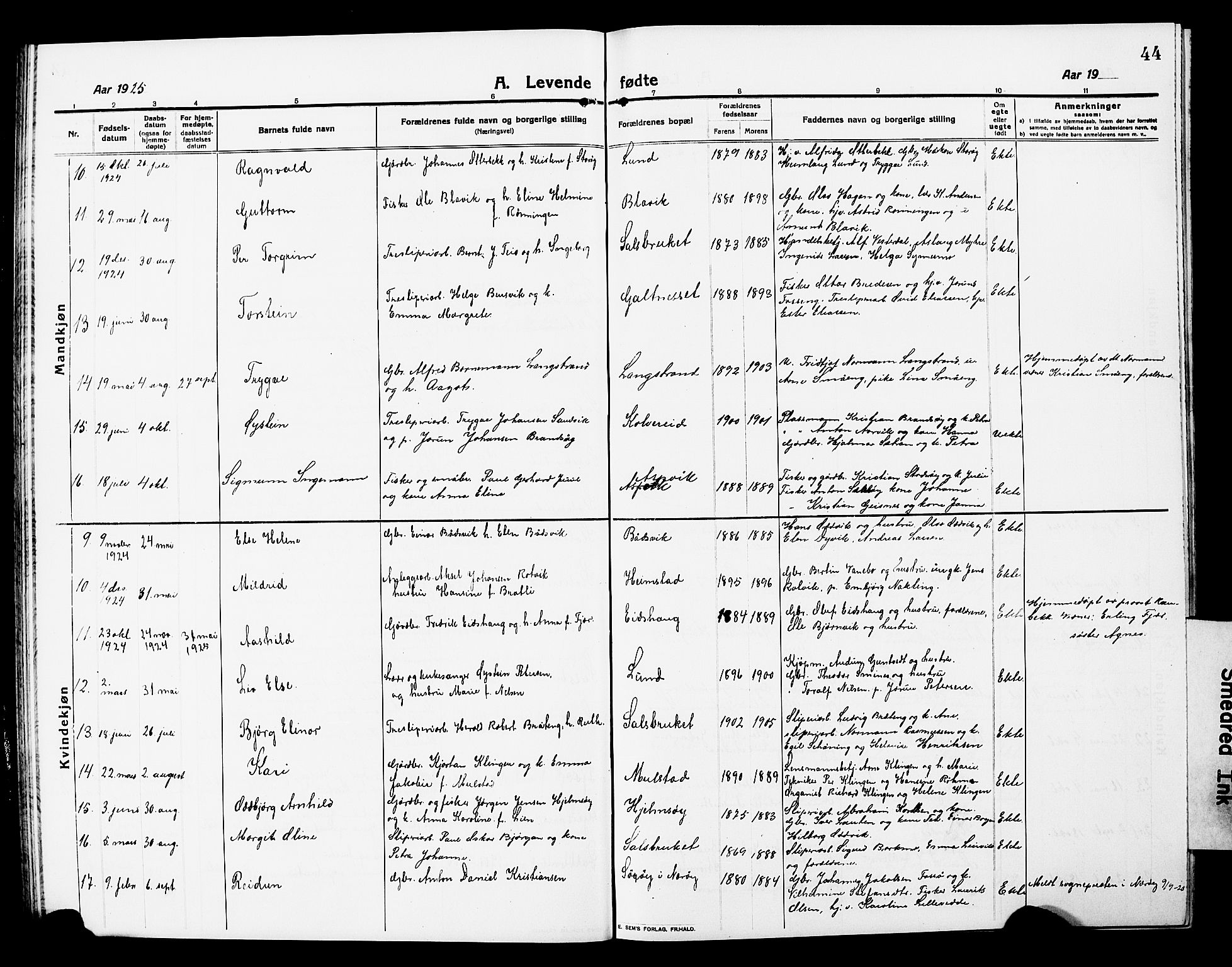 Ministerialprotokoller, klokkerbøker og fødselsregistre - Nord-Trøndelag, SAT/A-1458/780/L0653: Parish register (copy) no. 780C05, 1911-1927, p. 44