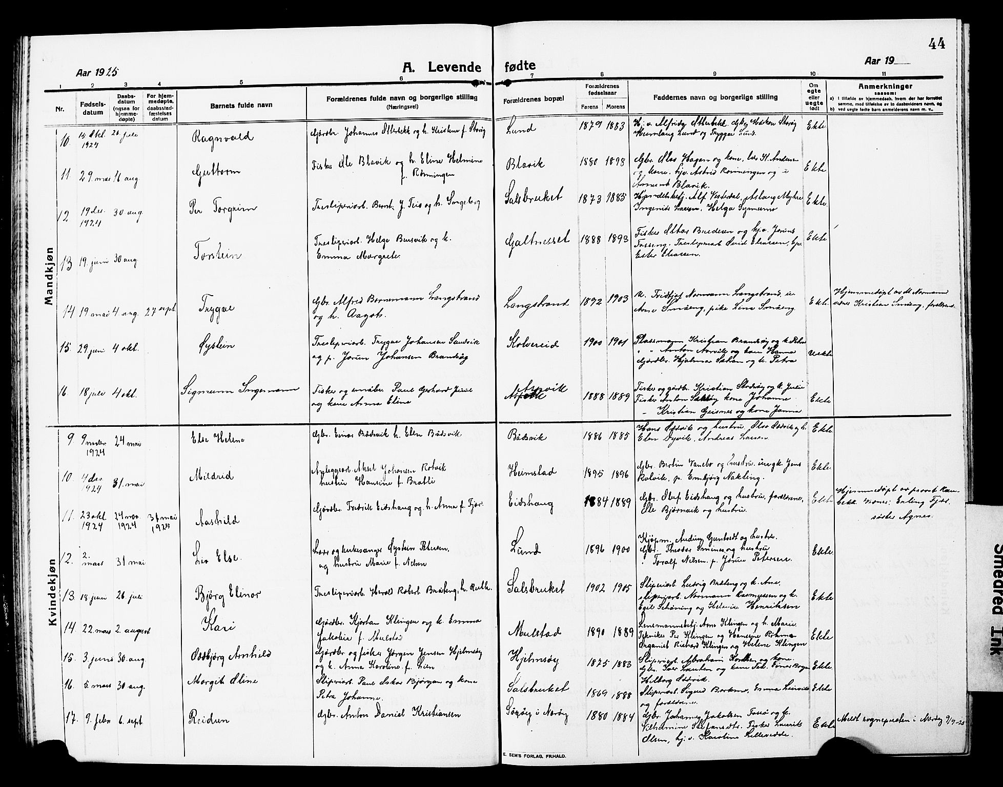 Ministerialprotokoller, klokkerbøker og fødselsregistre - Nord-Trøndelag, AV/SAT-A-1458/780/L0653: Parish register (copy) no. 780C05, 1911-1927, p. 44