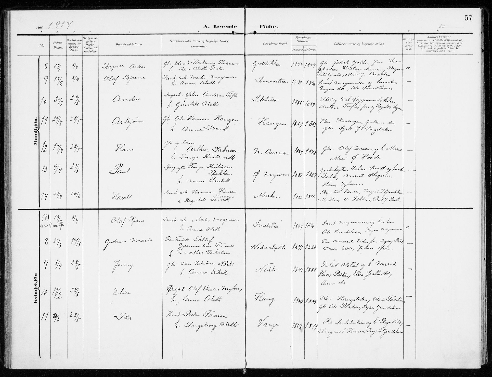 Sel prestekontor, AV/SAH-PREST-074/H/Ha/Haa/L0002: Parish register (official) no. 2, 1905-1919, p. 57