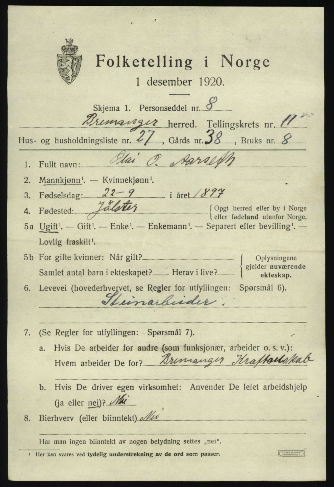 SAB, 1920 census for Bremanger, 1920, p. 6170