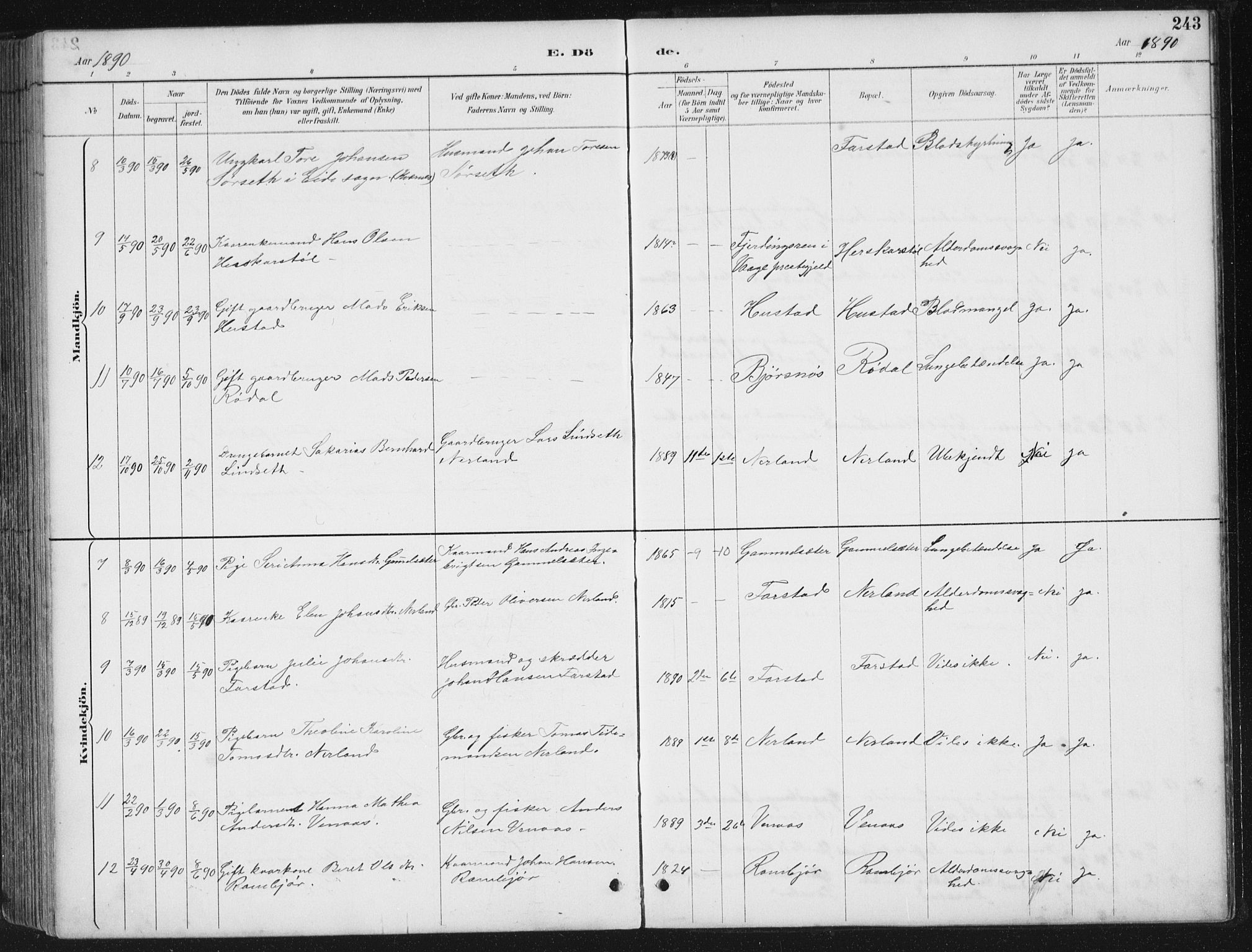 Ministerialprotokoller, klokkerbøker og fødselsregistre - Møre og Romsdal, AV/SAT-A-1454/567/L0783: Parish register (copy) no. 567C03, 1887-1903, p. 243