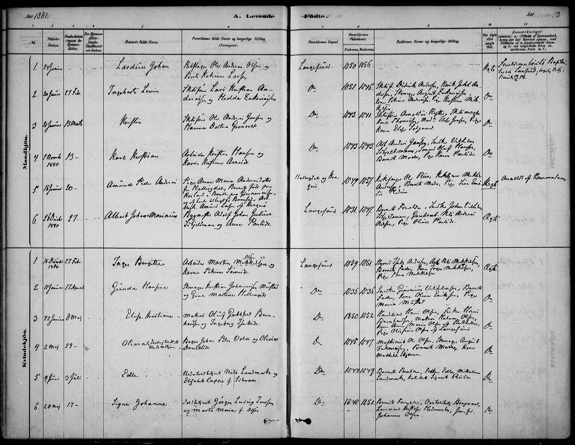 Langesund kirkebøker, SAKO/A-280/F/Fa/L0002: Parish register (official) no. 2, 1878-1892, p. 13