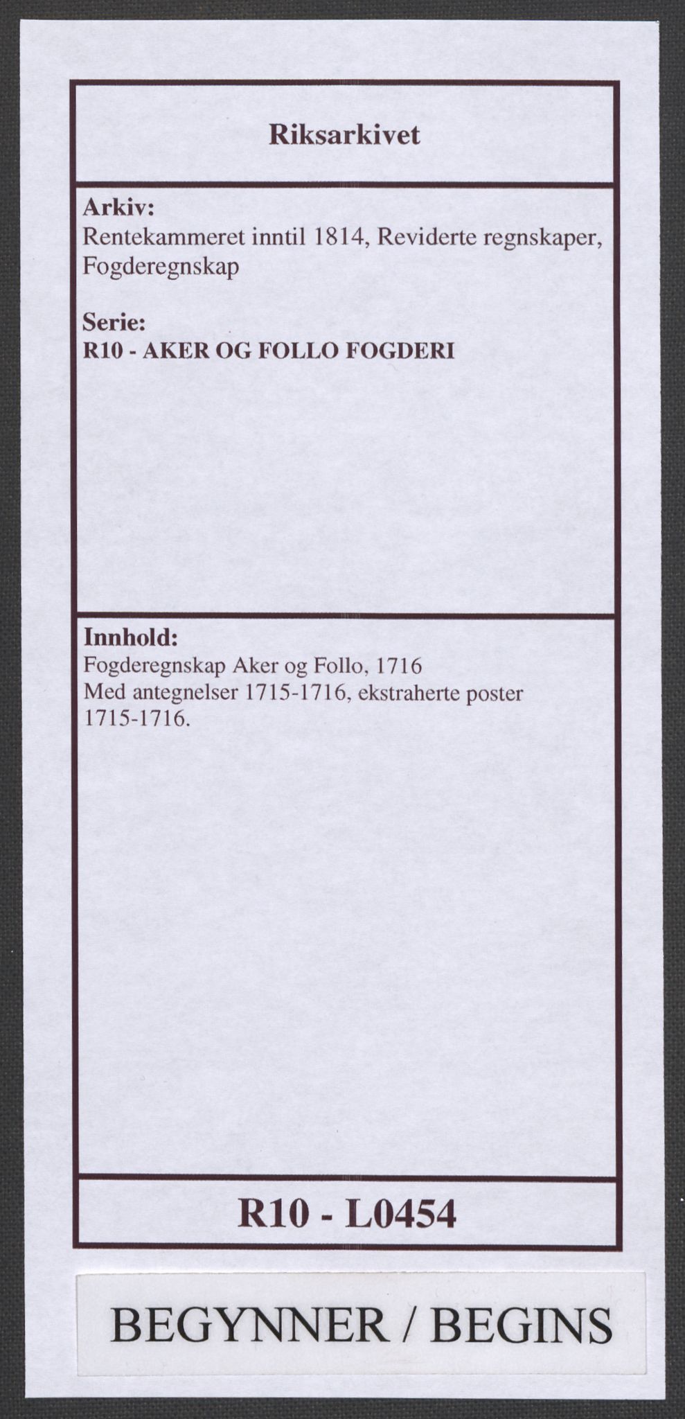 Rentekammeret inntil 1814, Reviderte regnskaper, Fogderegnskap, AV/RA-EA-4092/R10/L0454: Fogderegnskap Aker og Follo, 1716, p. 1