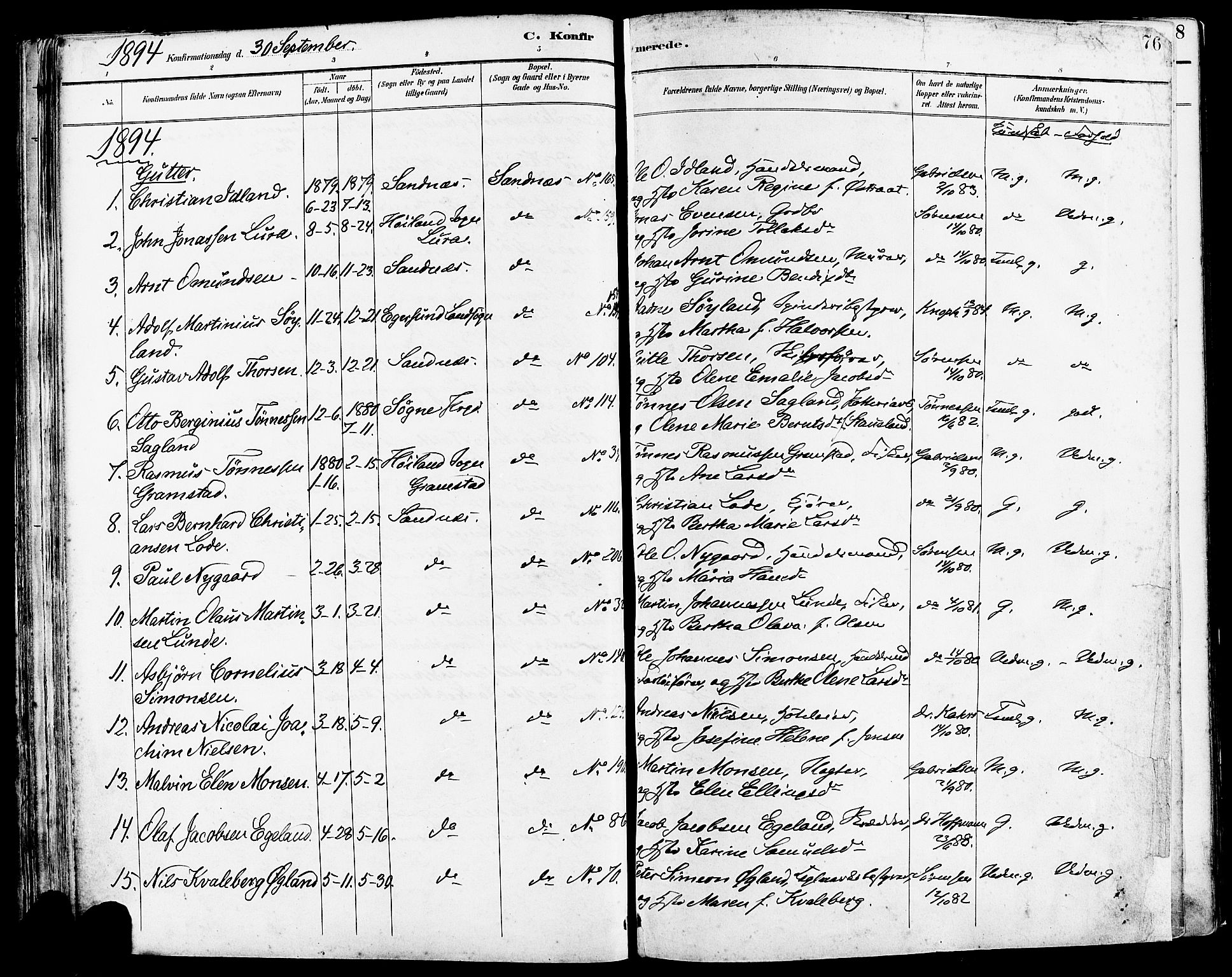 Høyland sokneprestkontor, SAST/A-101799/001/30BA/L0014: Parish register (official) no. A 12, 1890-1898, p. 76