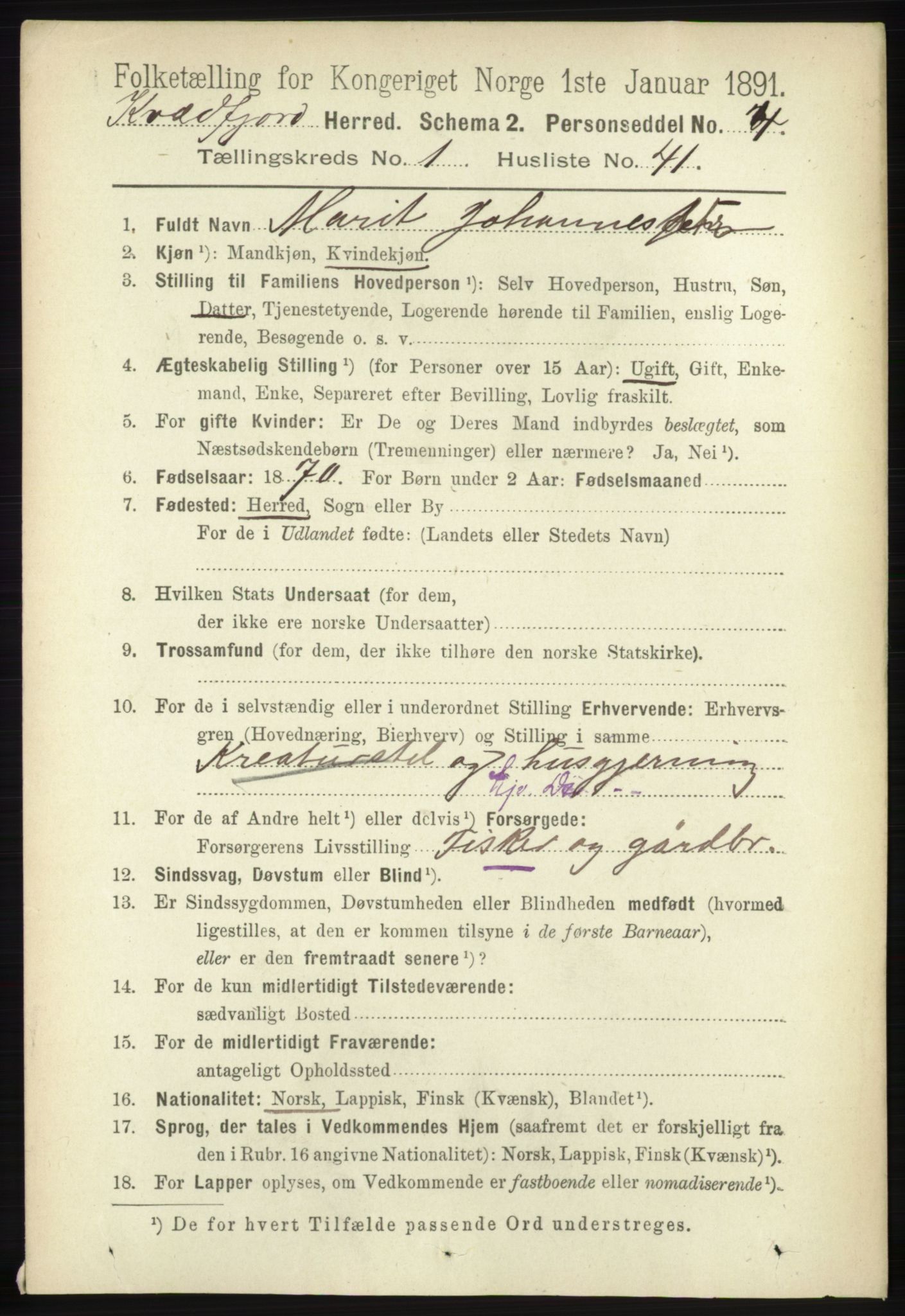 RA, 1891 census for 1911 Kvæfjord, 1891, p. 355