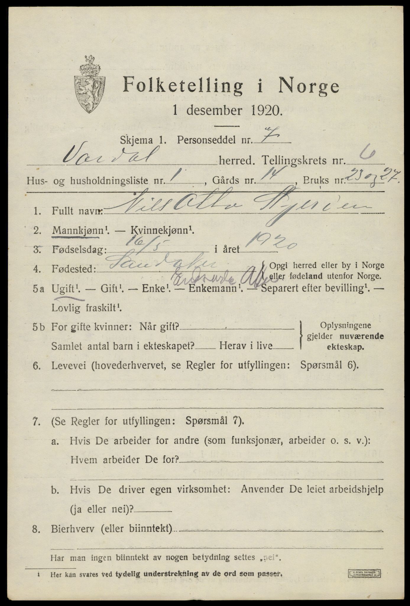 SAH, 1920 census for Vardal, 1920, p. 3875