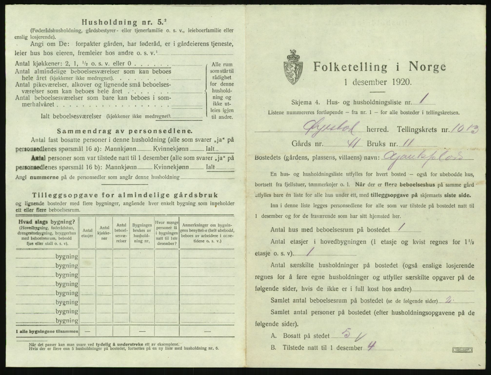 SAK, 1920 census for Øyestad, 1920, p. 984