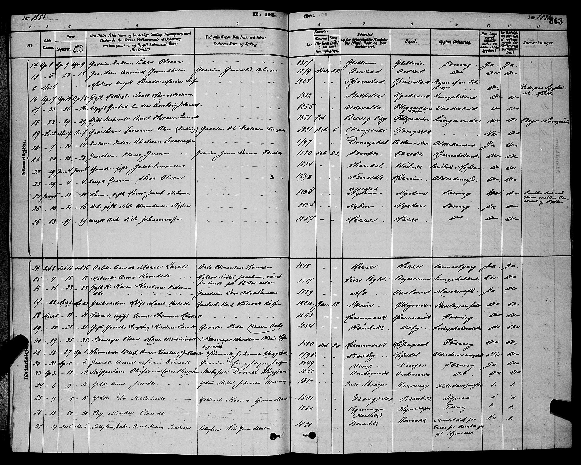 Bamble kirkebøker, AV/SAKO-A-253/G/Ga/L0008: Parish register (copy) no. I 8, 1878-1888, p. 343