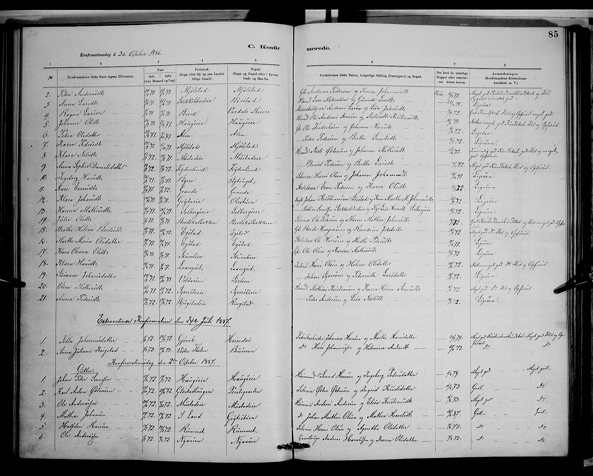 Vardal prestekontor, SAH/PREST-100/H/Ha/Hab/L0008: Parish register (copy) no. 8, 1881-1898, p. 85