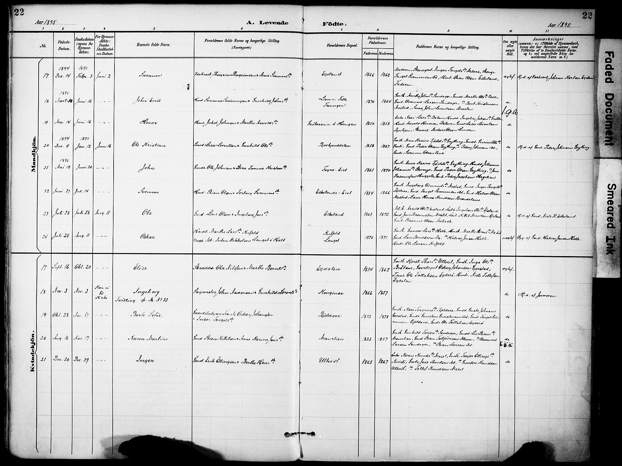 Gjerstad sokneprestkontor, AV/SAK-1111-0014/F/Fa/Faa/L0010: Parish register (official) no. A 10, 1891-1902, p. 22