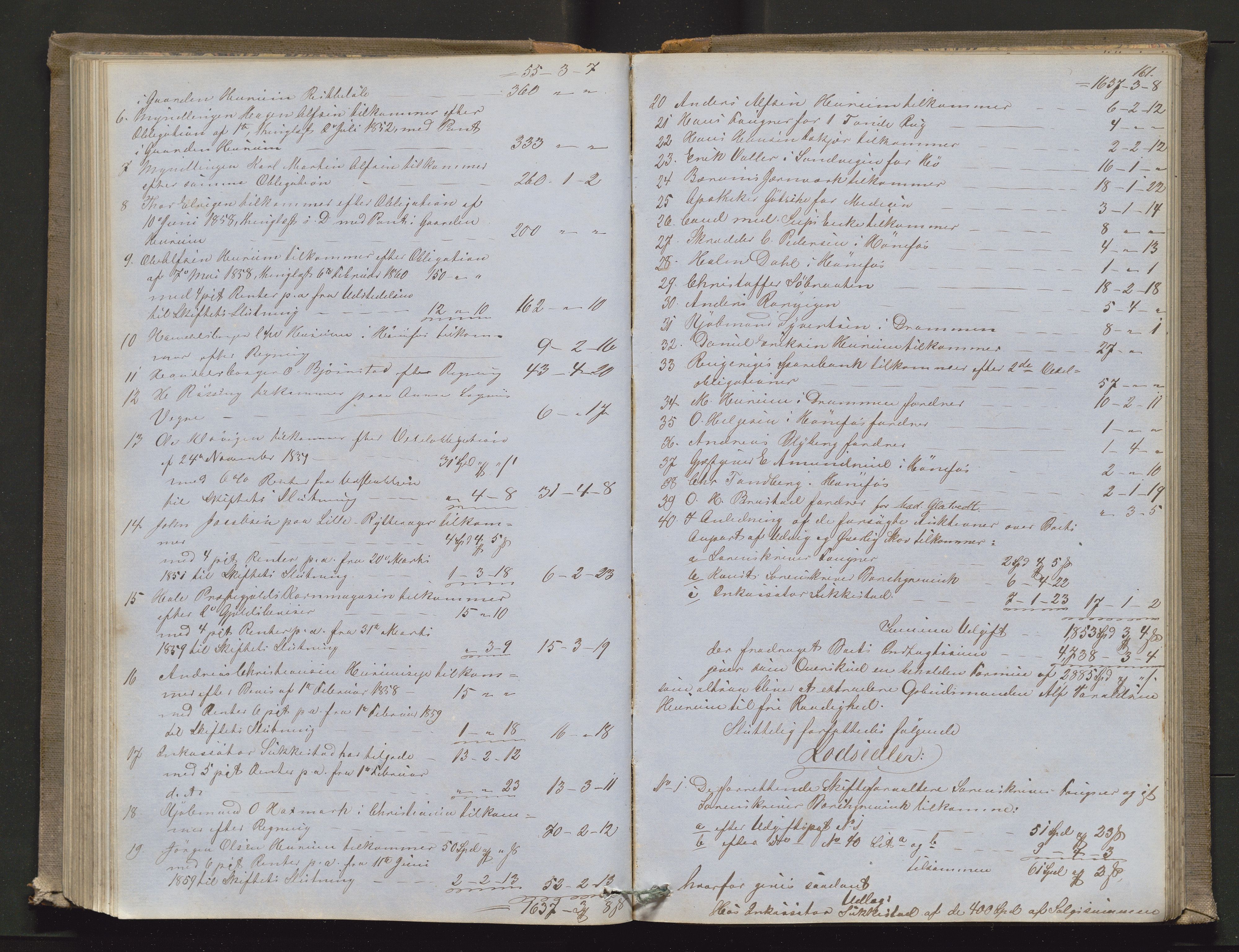 Ringerike sorenskriveri, AV/SAKO-A-105/H/Hb/Hbd/Hbda/L0004: Skifteutlodningsprotokoll, 1857-1862, p. 160b-161a