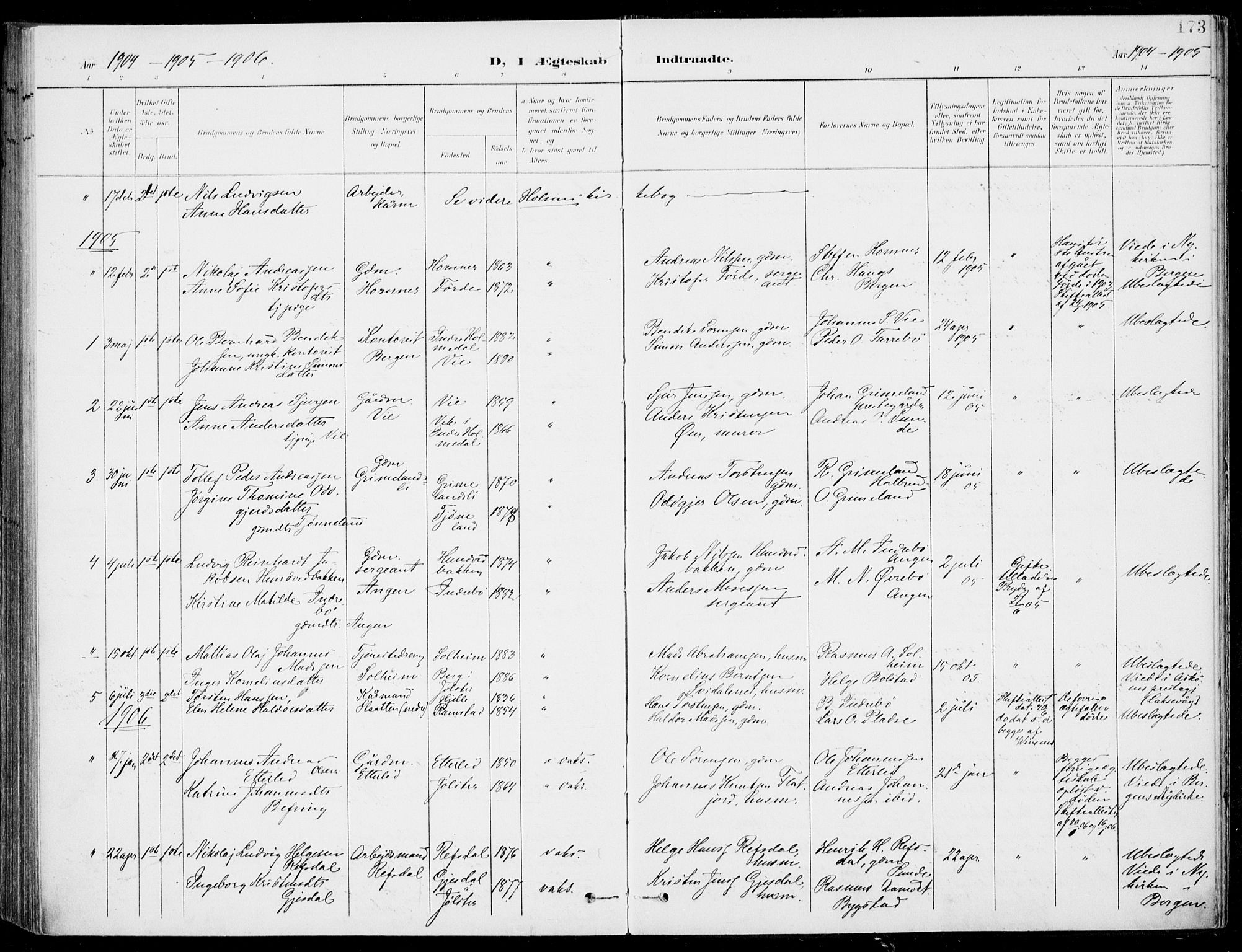 Førde sokneprestembete, SAB/A-79901/H/Haa/Haab/L0002: Parish register (official) no. B  2, 1899-1920, p. 173