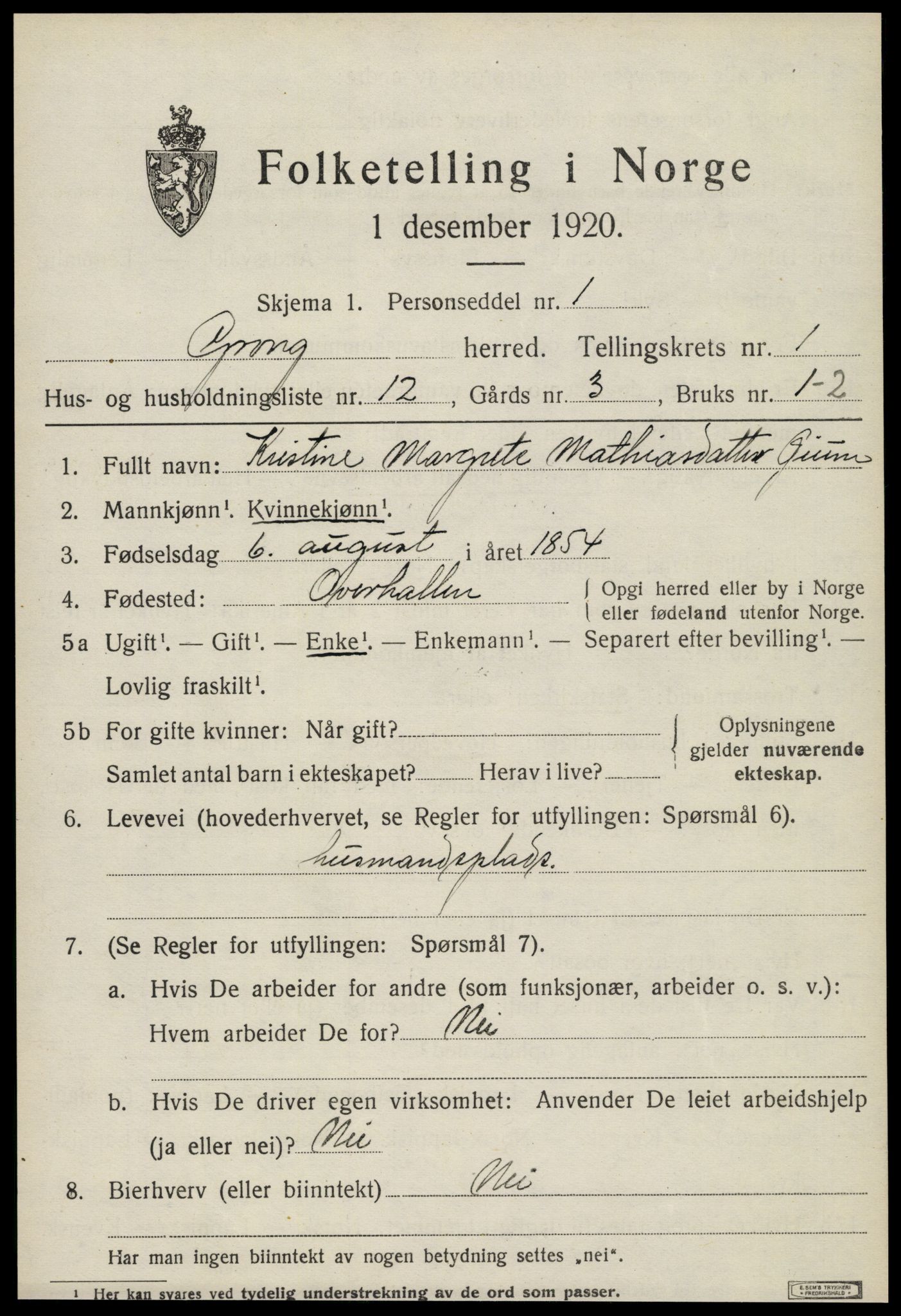 SAT, 1920 census for Grong, 1920, p. 1163