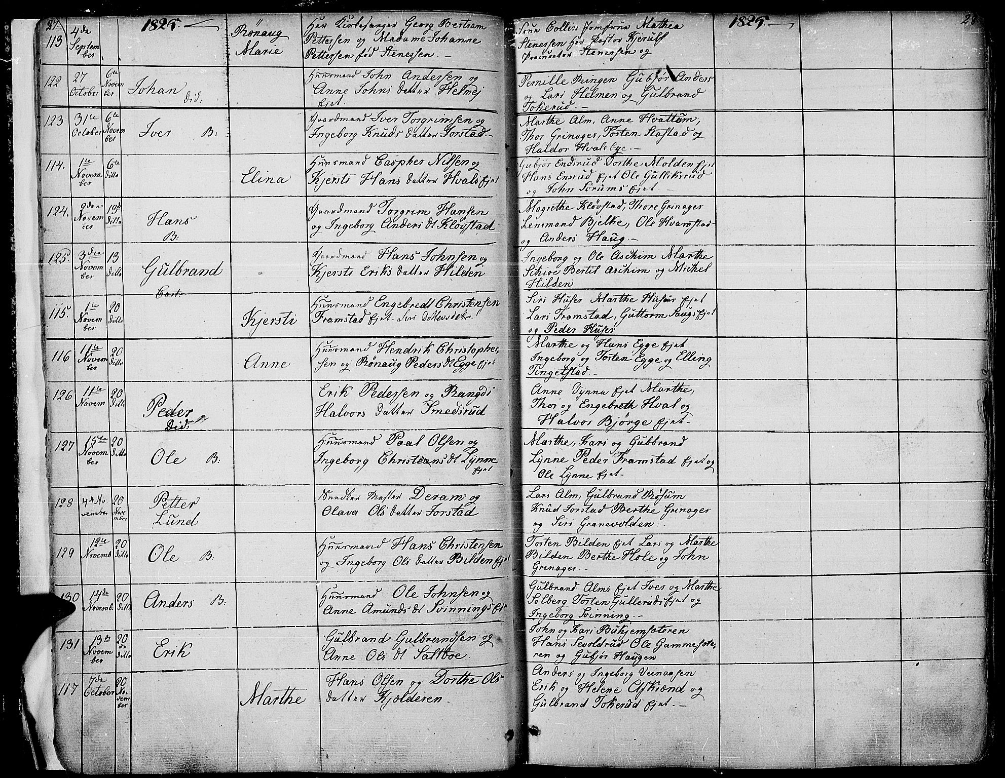 Gran prestekontor, SAH/PREST-112/H/Ha/Haa/L0010: Parish register (official) no. 10, 1824-1842, p. 27-28