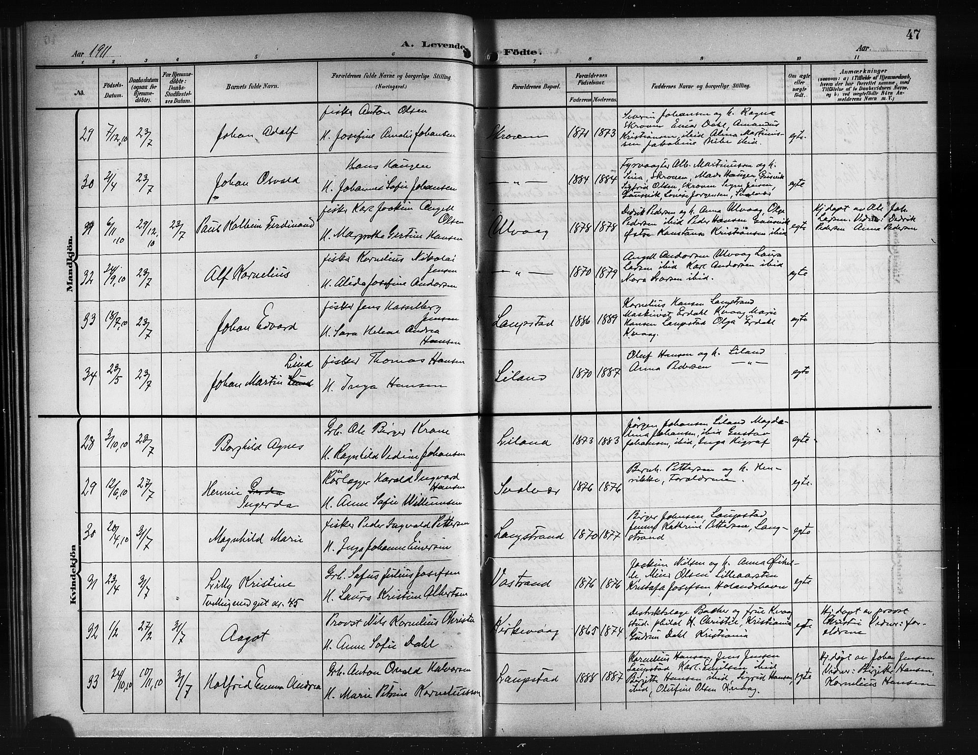 Ministerialprotokoller, klokkerbøker og fødselsregistre - Nordland, AV/SAT-A-1459/874/L1079: Parish register (copy) no. 874C08, 1907-1915, p. 47
