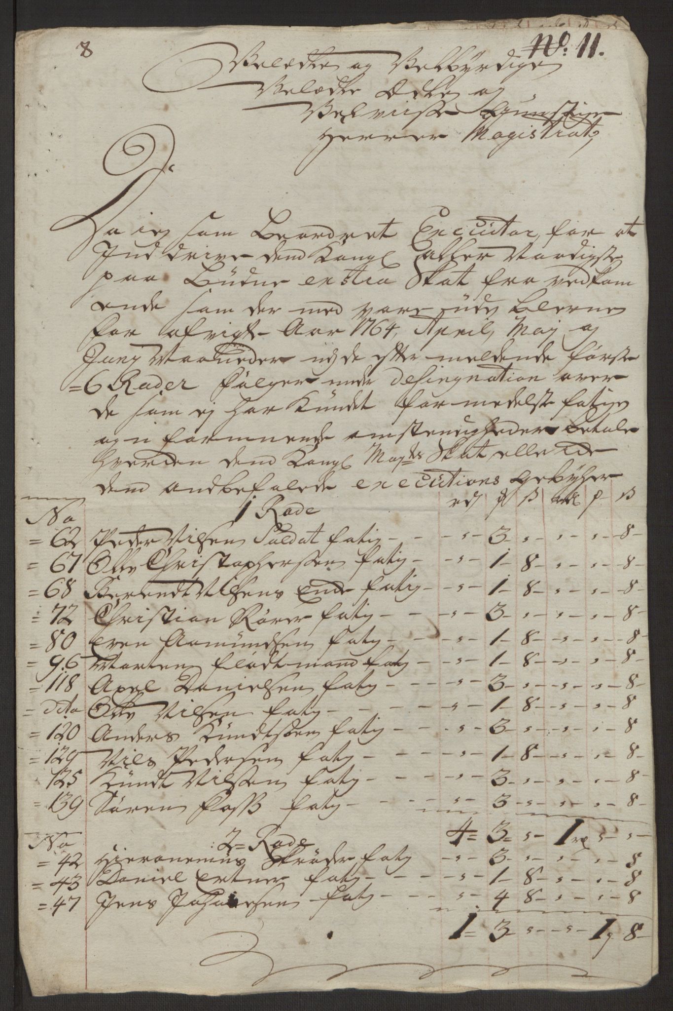 Rentekammeret inntil 1814, Reviderte regnskaper, Byregnskaper, AV/RA-EA-4066/R/Rp/L0368/0001: [P21] Kontribusjonsregnskap / Ekstraskatt, 1764, p. 149