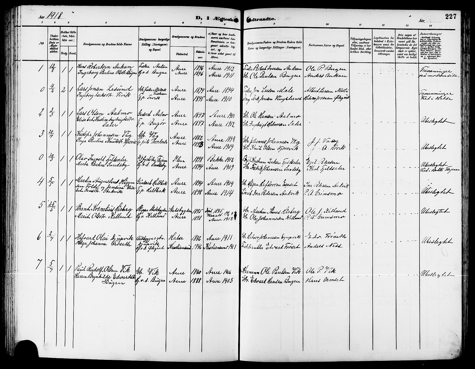 Ministerialprotokoller, klokkerbøker og fødselsregistre - Møre og Romsdal, AV/SAT-A-1454/578/L0910: Parish register (copy) no. 578C03, 1900-1921, p. 227