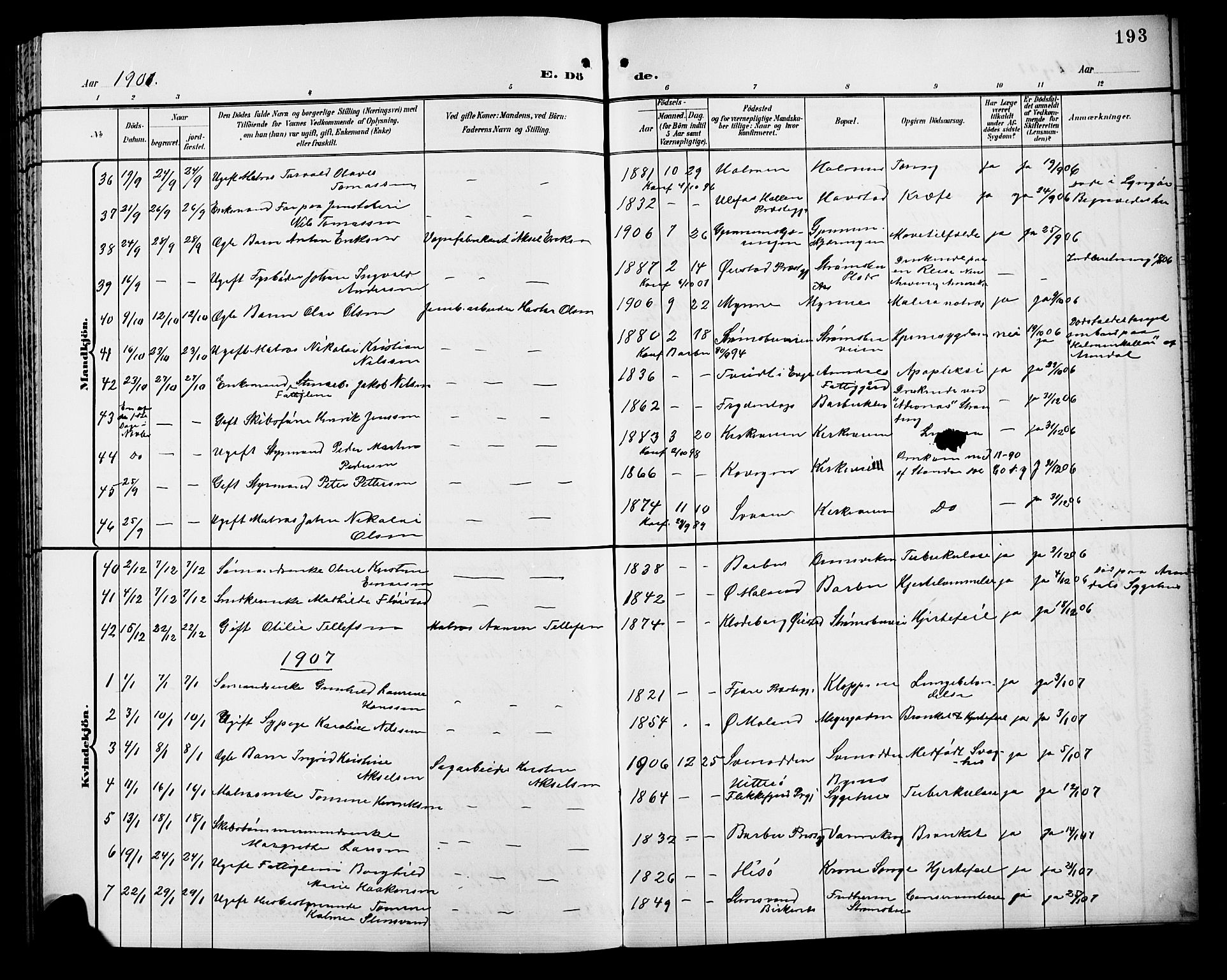 Barbu sokneprestkontor, SAK/1111-0003/F/Fb/L0003: Parish register (copy) no. B 3, 1897-1911, p. 193