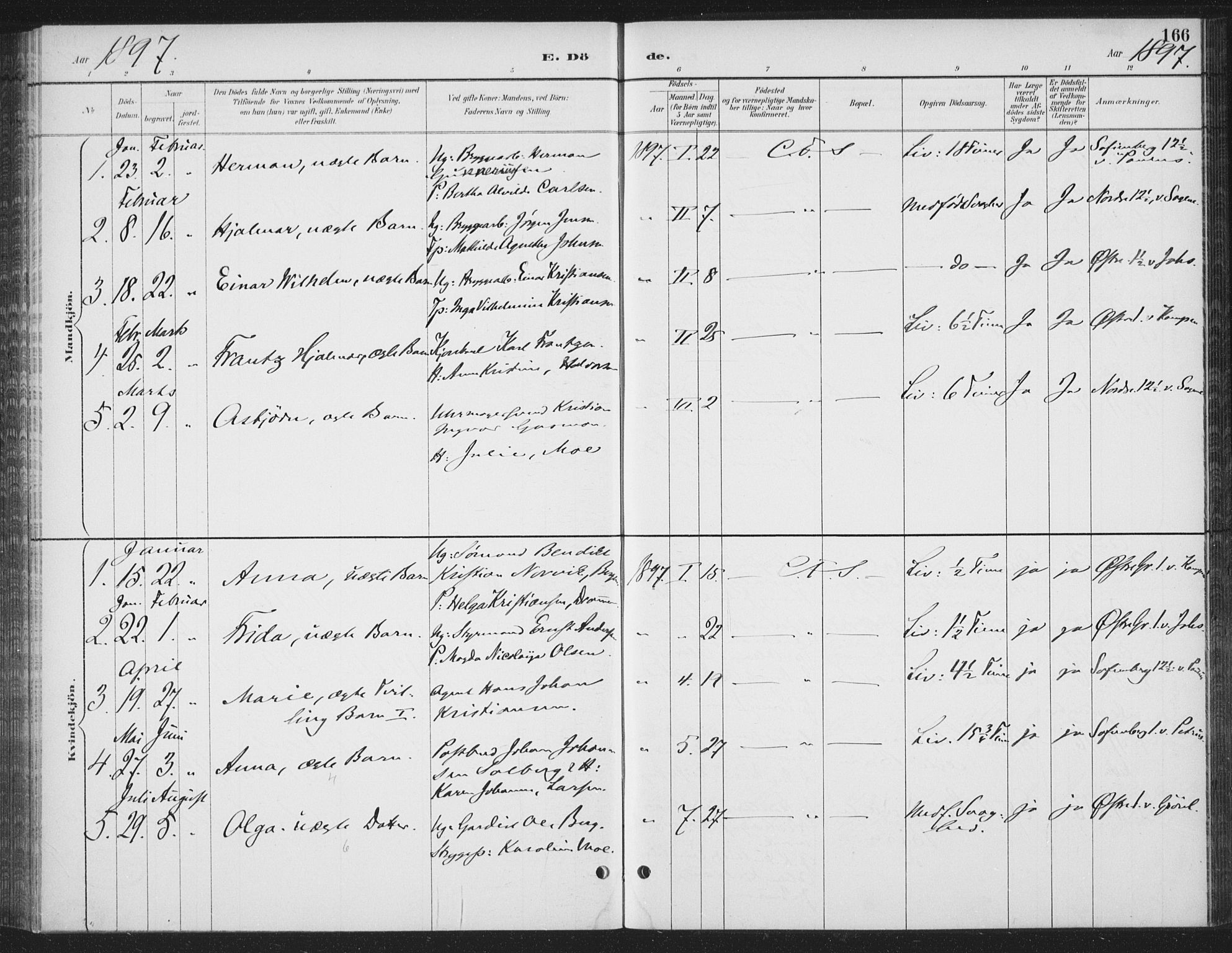 Rikshospitalet prestekontor Kirkebøker, SAO/A-10309b/F/L0010: Parish register (official) no. 10, 1888-1912, p. 166