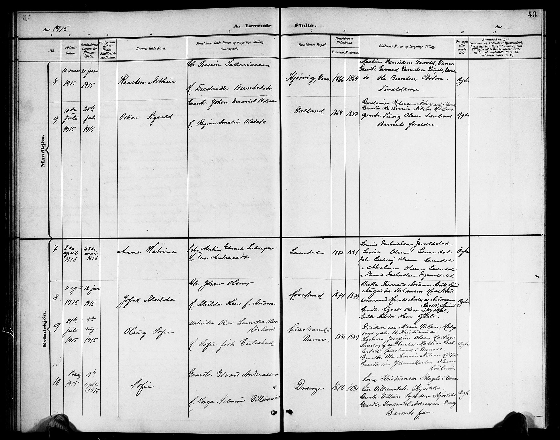 Herad sokneprestkontor, AV/SAK-1111-0018/F/Fb/Fba/L0005: Parish register (copy) no. B 5, 1899-1921, p. 43