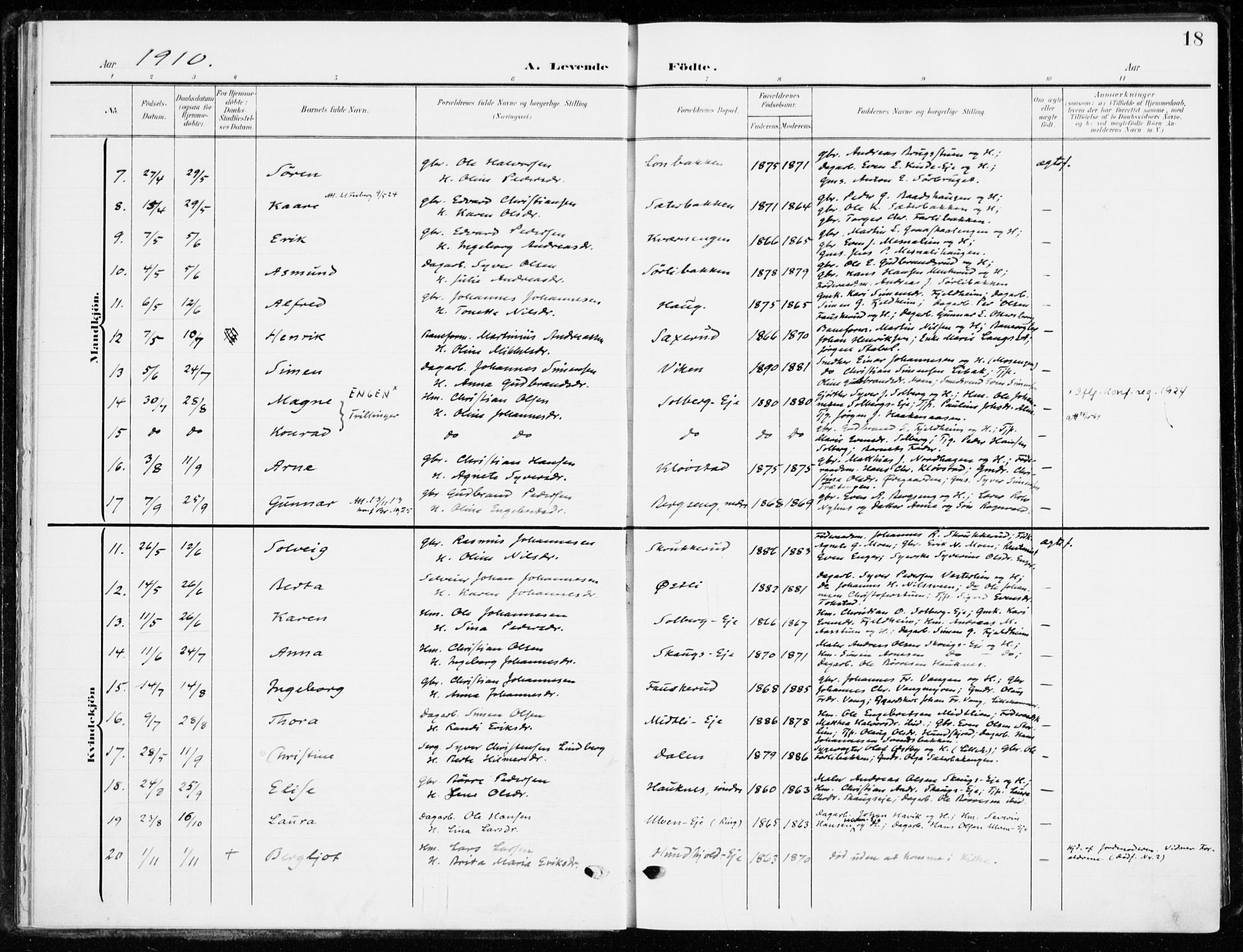 Ringsaker prestekontor, AV/SAH-PREST-014/K/Ka/L0021: Parish register (official) no. 21, 1905-1920, p. 18