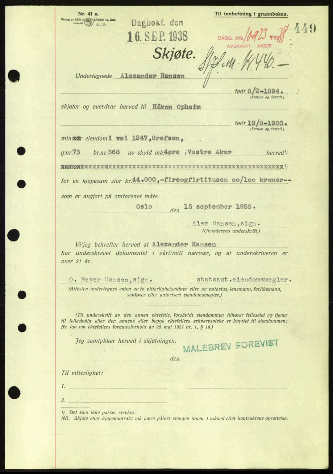Aker herredsskriveri, SAO/A-10896/G/Gb/Gba/Gbab/L0025: Mortgage book no. A154-155, 1938-1938, Diary no: : 10923/1938