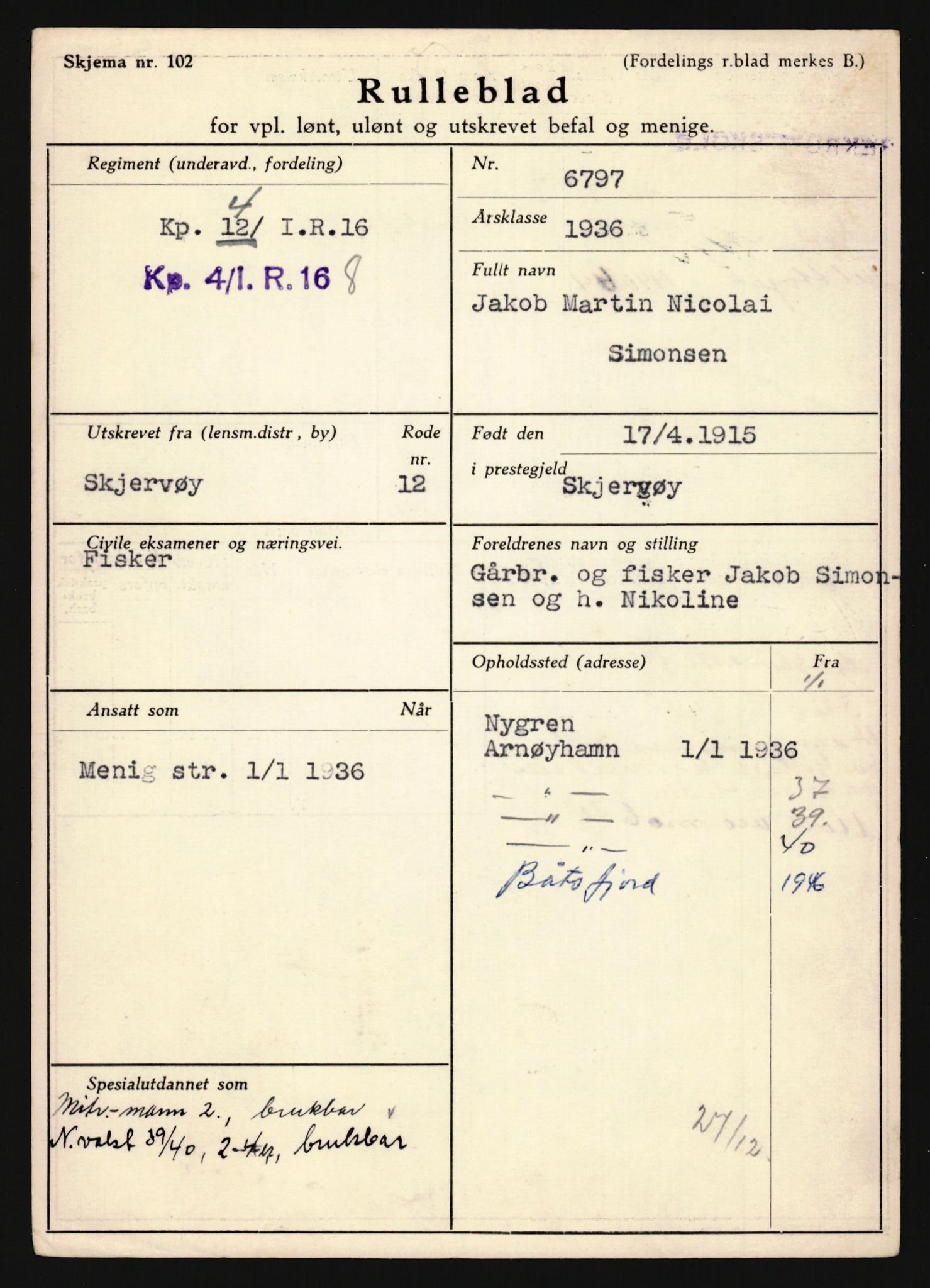 Forsvaret, Troms infanteriregiment nr. 16, AV/RA-RAFA-3146/P/Pa/L0020: Rulleblad for regimentets menige mannskaper, årsklasse 1936, 1936, p. 1191