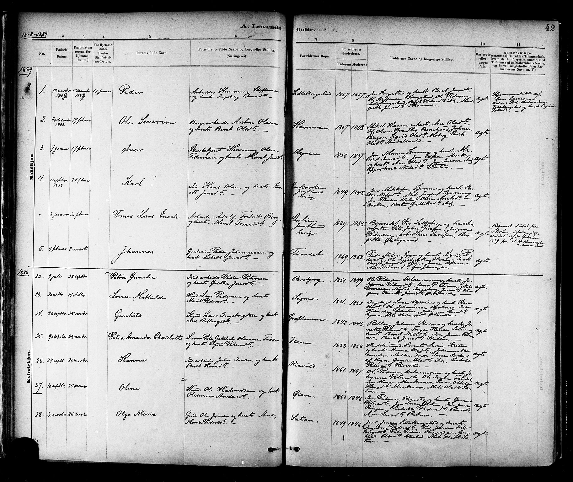 Ministerialprotokoller, klokkerbøker og fødselsregistre - Nord-Trøndelag, SAT/A-1458/706/L0047: Parish register (official) no. 706A03, 1878-1892, p. 42