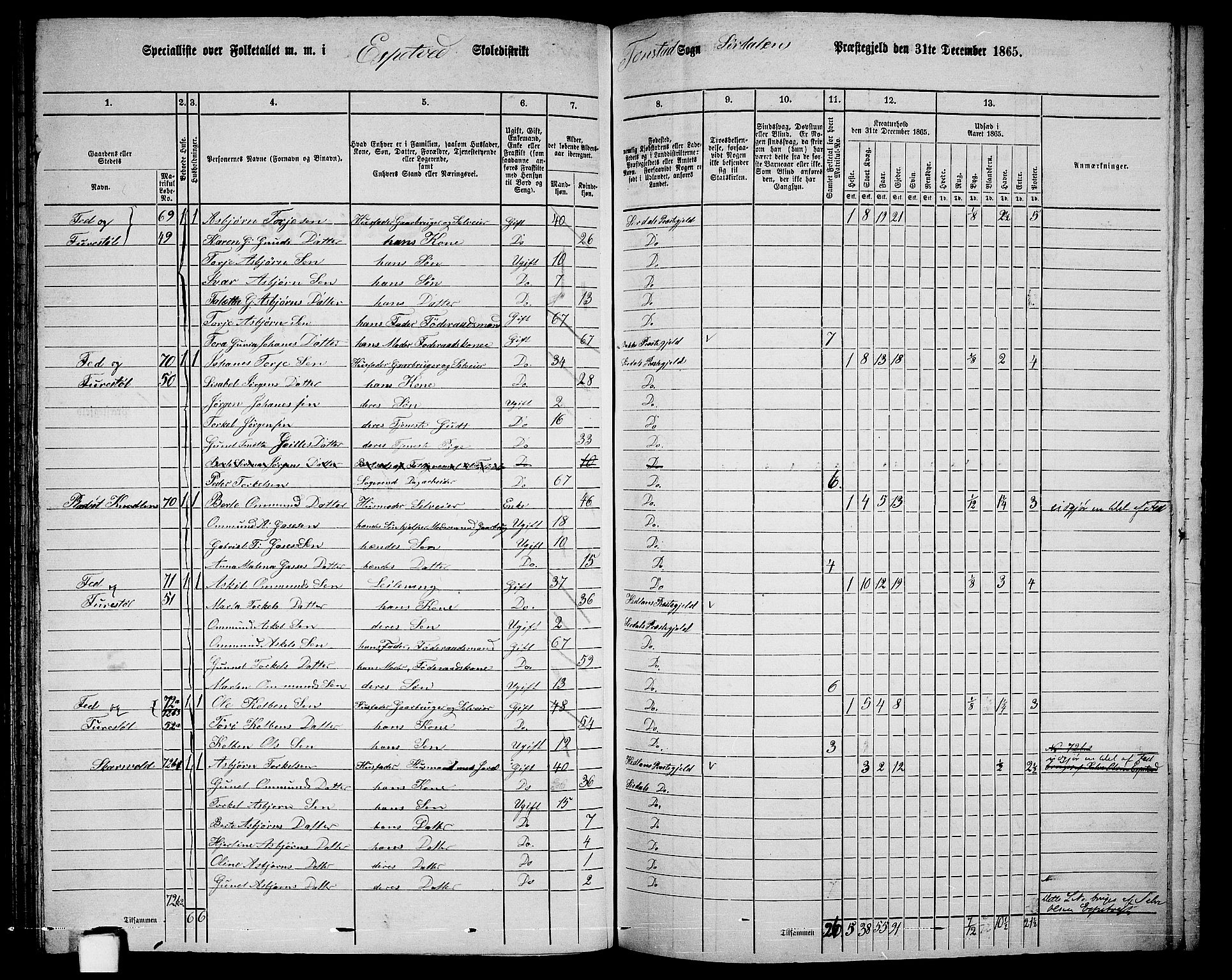 RA, 1865 census for Sirdal, 1865, p. 13