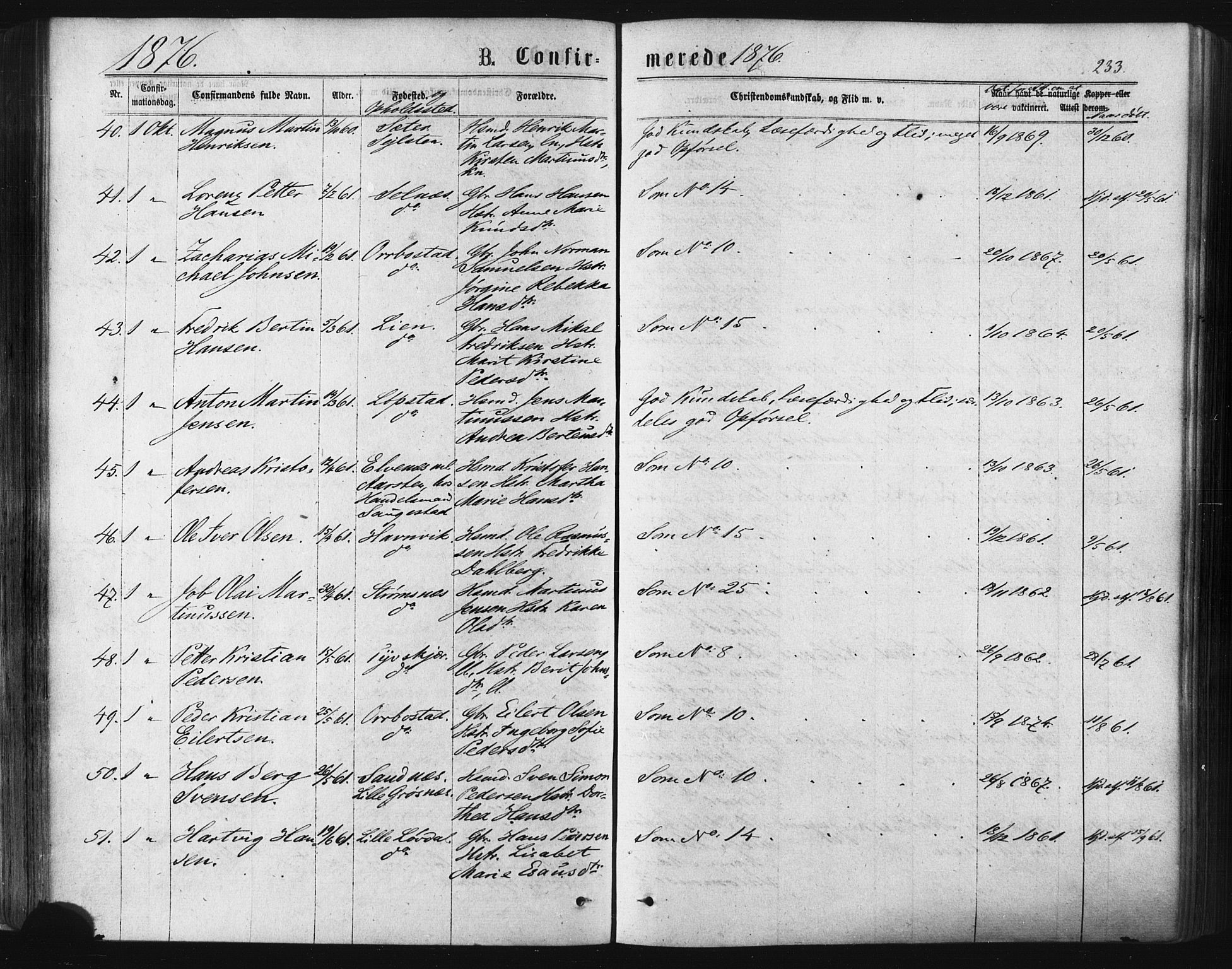 Ibestad sokneprestembete, AV/SATØ-S-0077/H/Ha/Haa/L0010kirke: Parish register (official) no. 10, 1869-1879, p. 233