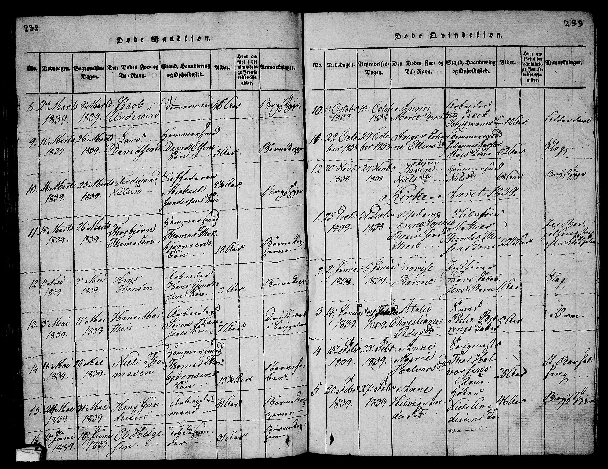 Larvik kirkebøker, SAKO/A-352/G/Gb/L0001: Parish register (copy) no. II 1, 1818-1843, p. 232-233