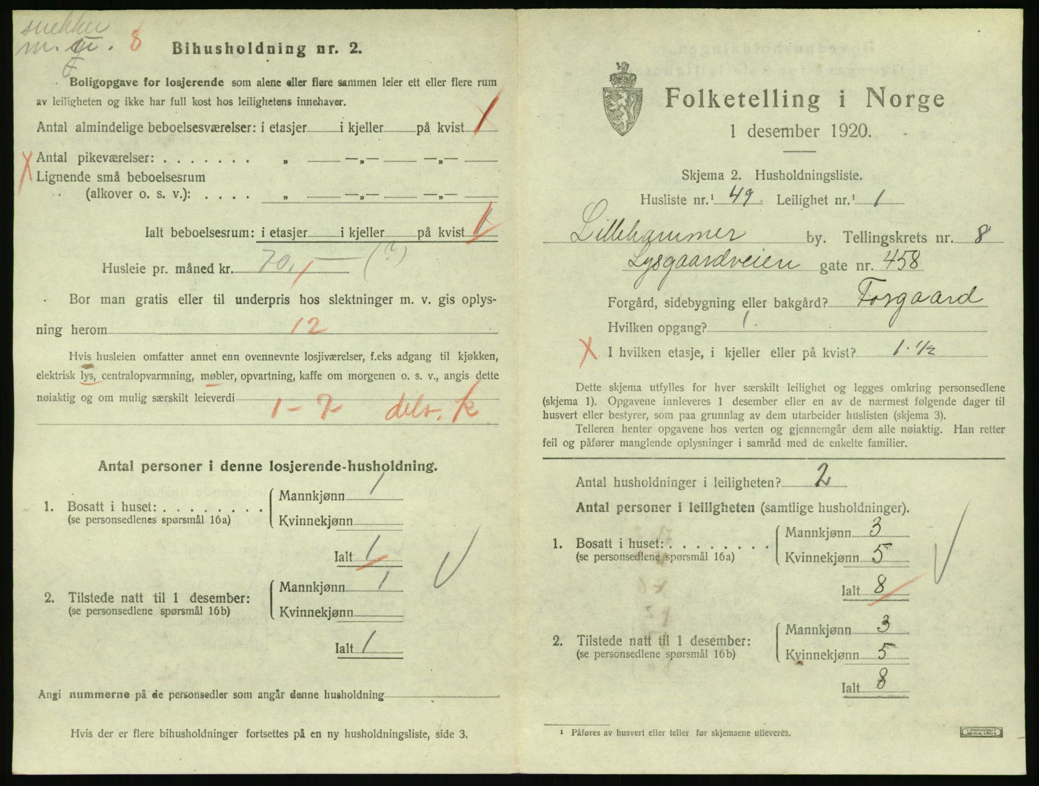 SAH, 1920 census for Lillehammer, 1920, p. 3016