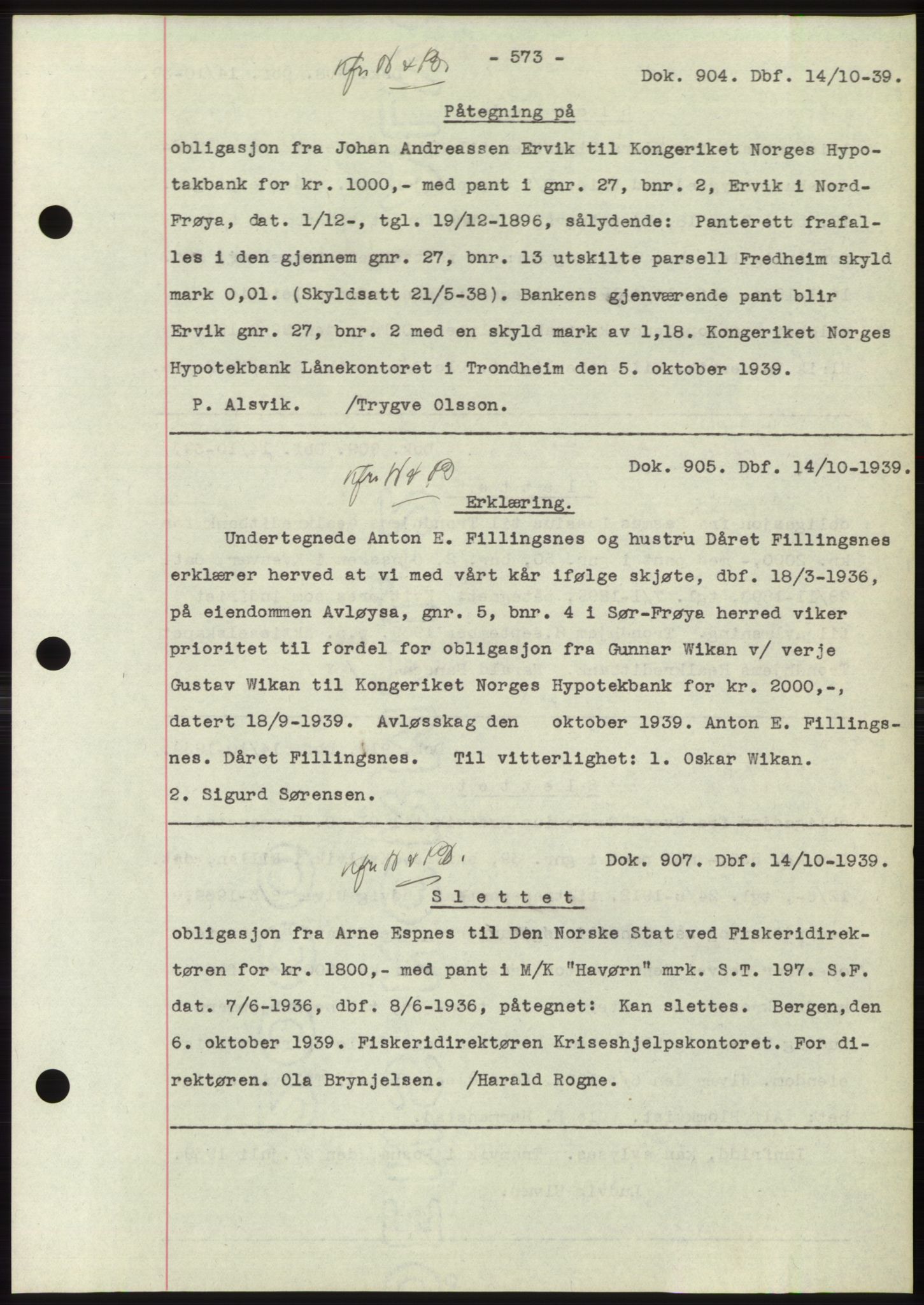 Hitra sorenskriveri, AV/SAT-A-0018/2/2C/2Ca: Mortgage book no. C1, 1936-1945, Diary no: : 904/1939